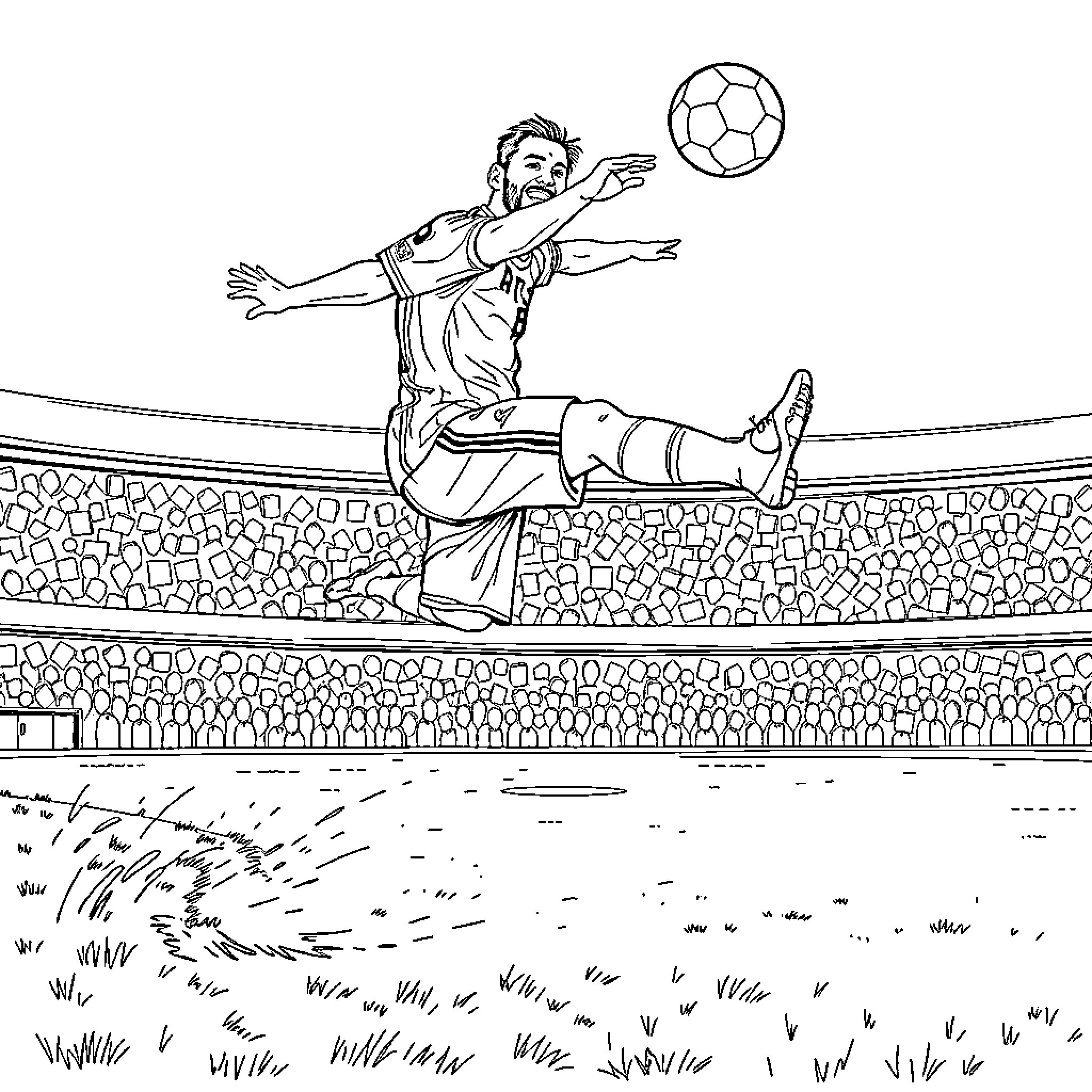 Messi's acrobatic soccer move in the stadium Coloring Page (free black-and-white line drawing printable PDF for all, from beginners to advanced learners, including children, teens, adults, and seniors)