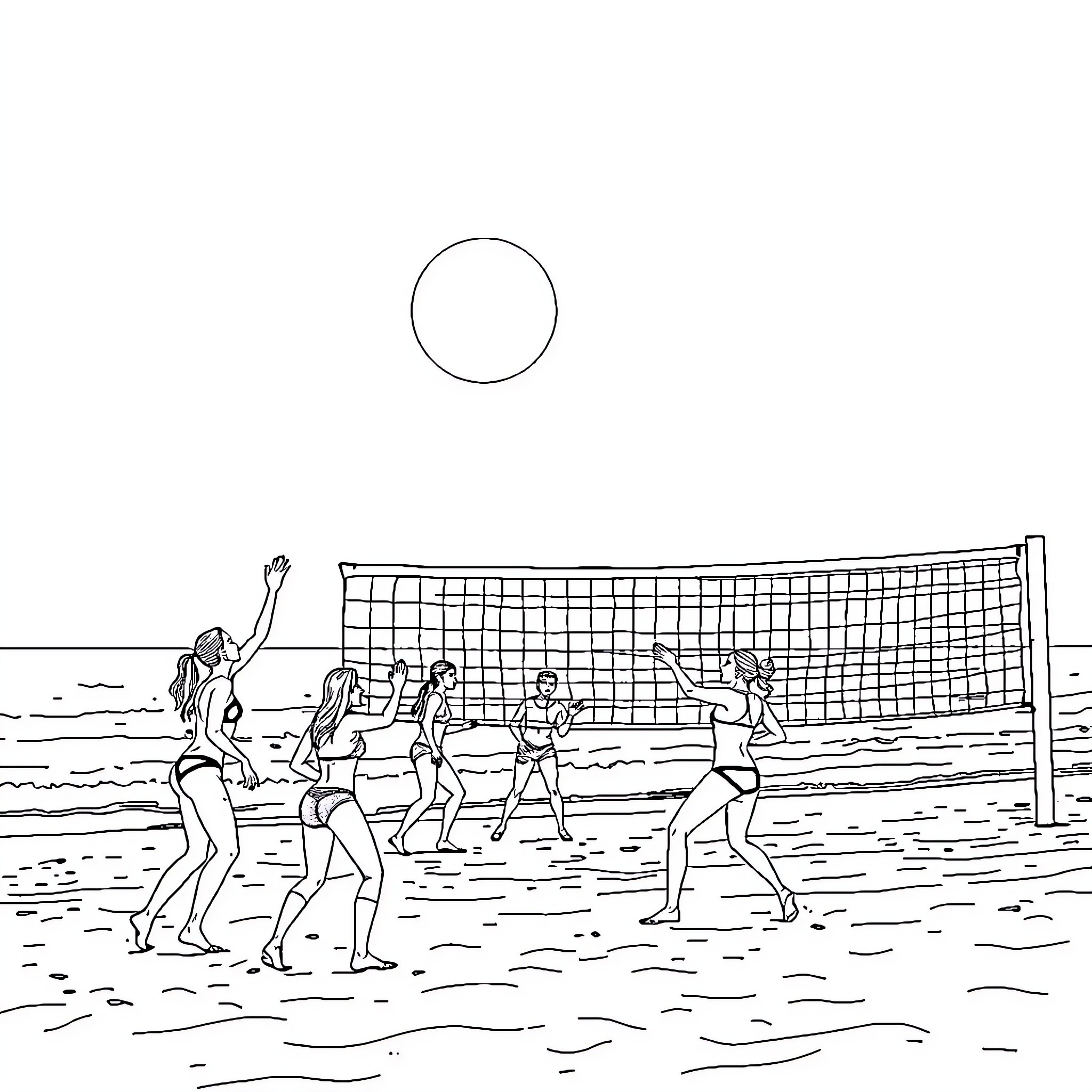 Volleyball game on the beach Coloring Page (free black-and-white line drawing printable PDF for all, from beginners to advanced learners, including children, teens, adults, and seniors)