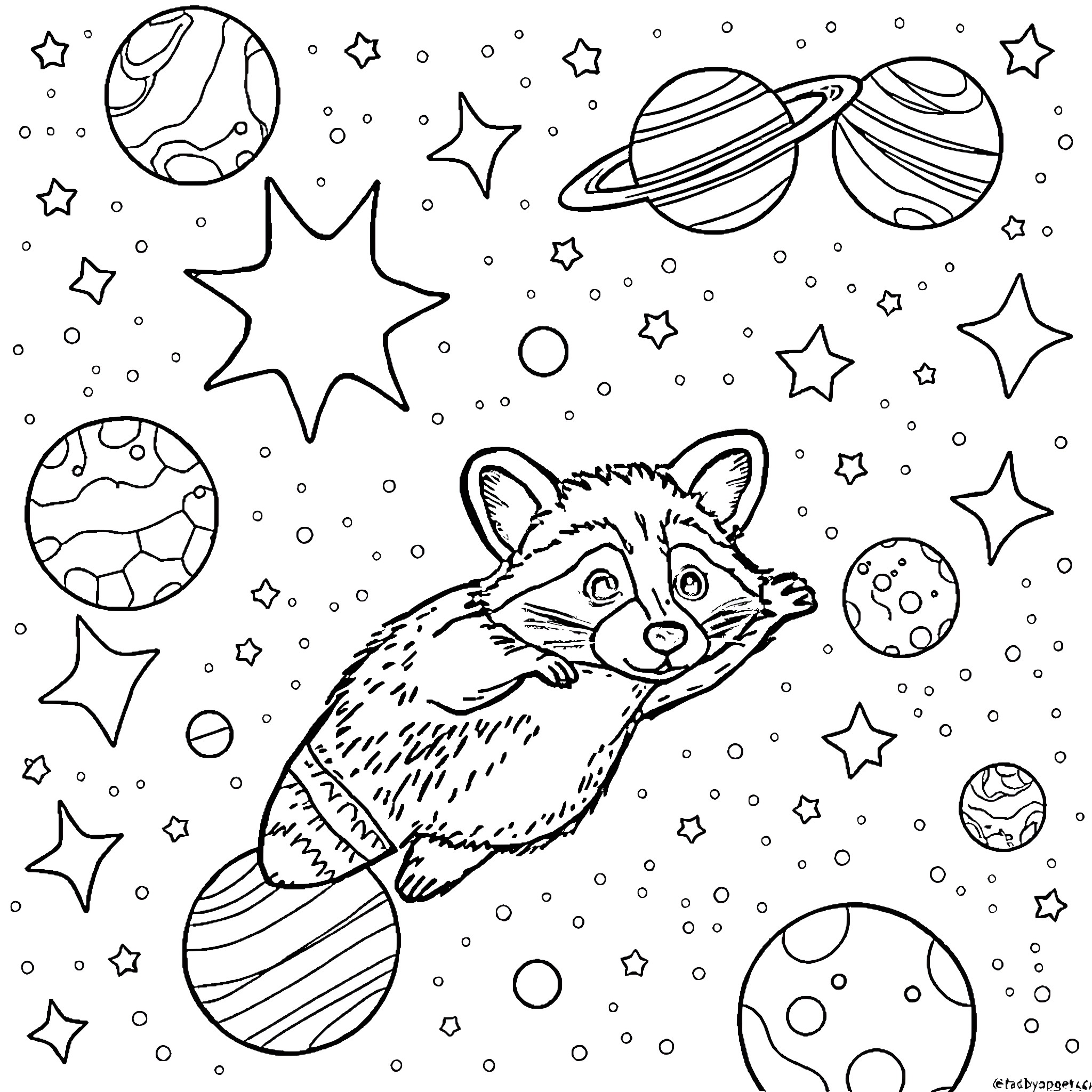 Raccoon exploring the whimsical cosmos Coloring Page (free black-and-white line drawing printable PDF for all, from beginners to advanced learners, including children, teens, adults, and seniors)
