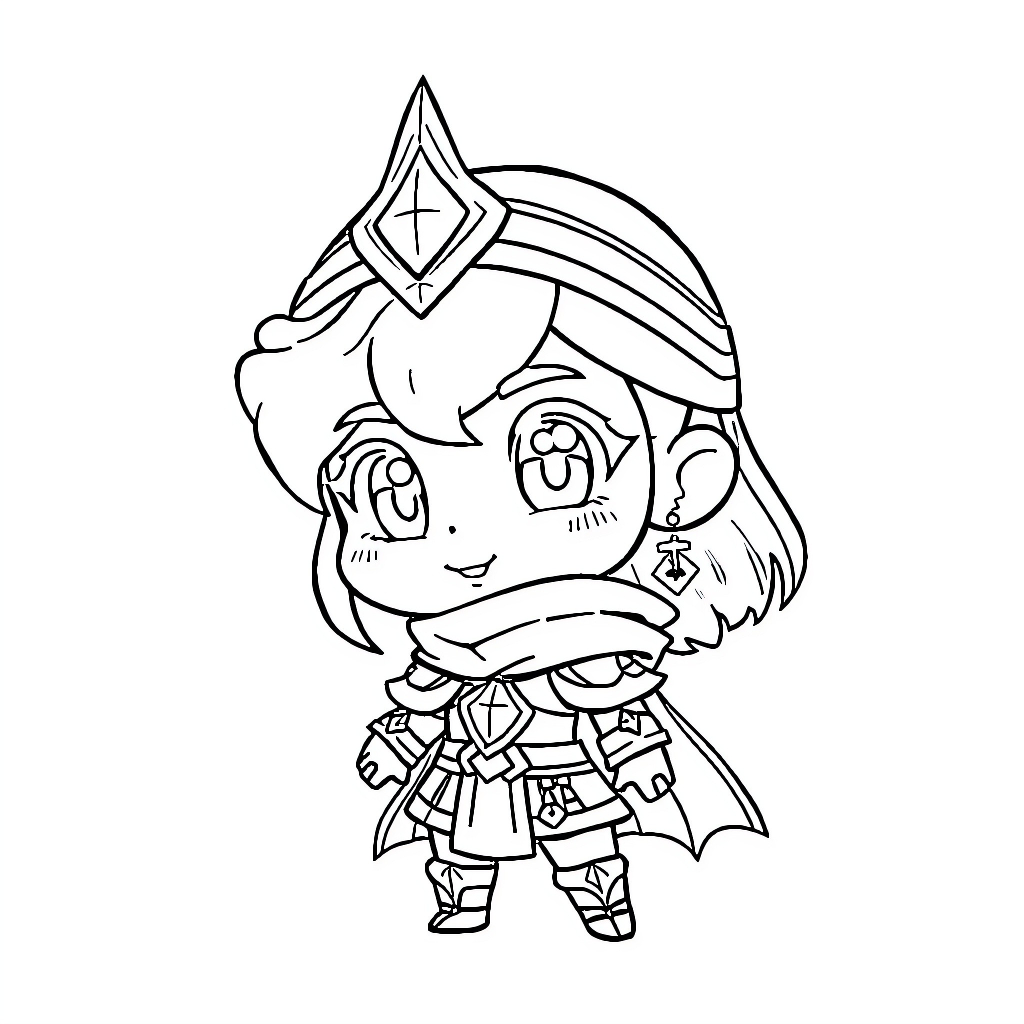 Honor of Kings: Chibi Warrior Maiden in Battle Attire Coloring Page (free black-and-white line drawing printable PDF for all, from beginners to advanced learners, including children, teens, adults, and seniors)