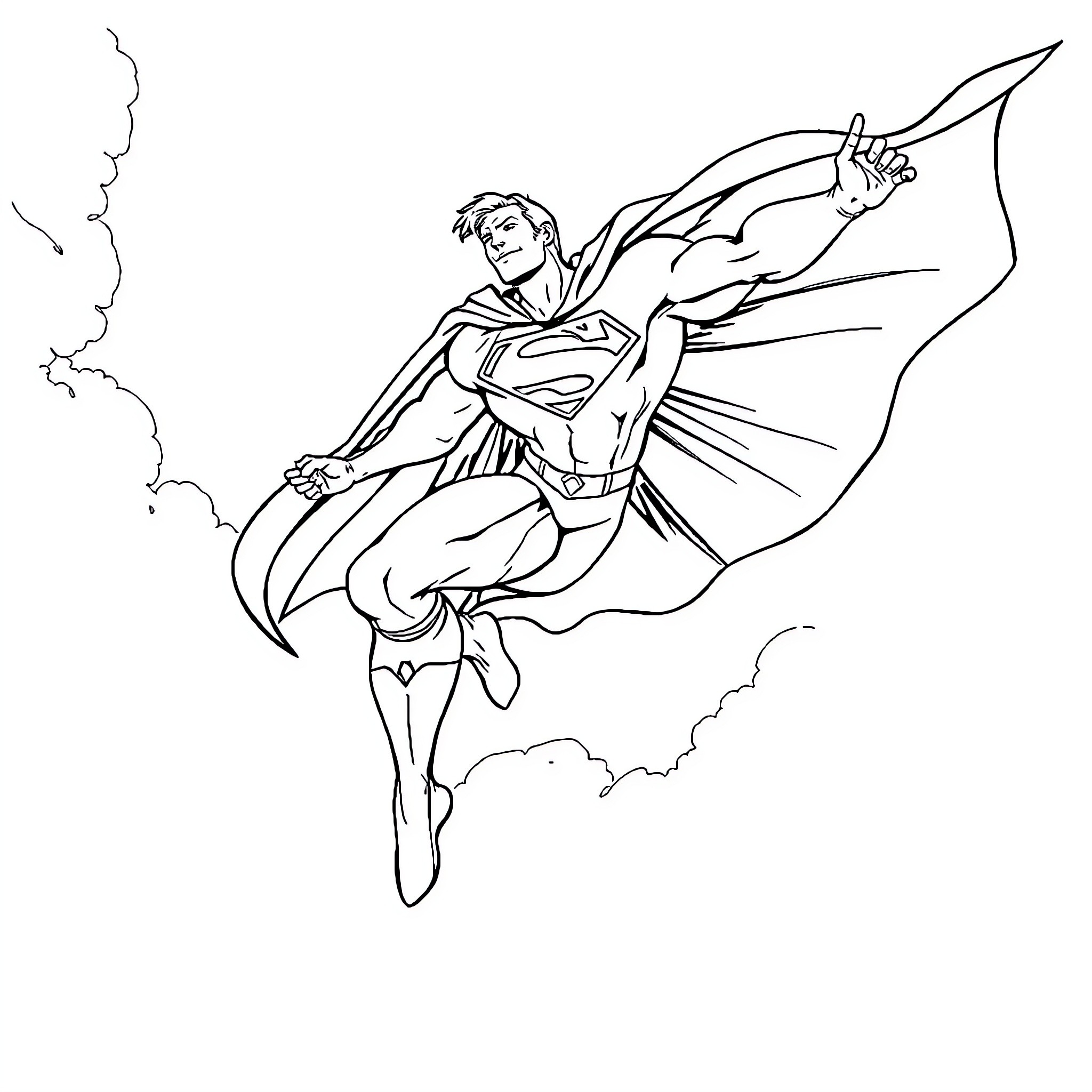 Superman soaring heroically through the skies Coloring Page (free black-and-white line drawing printable PDF for all, from beginners to advanced learners, including children, teens, adults, and seniors)
