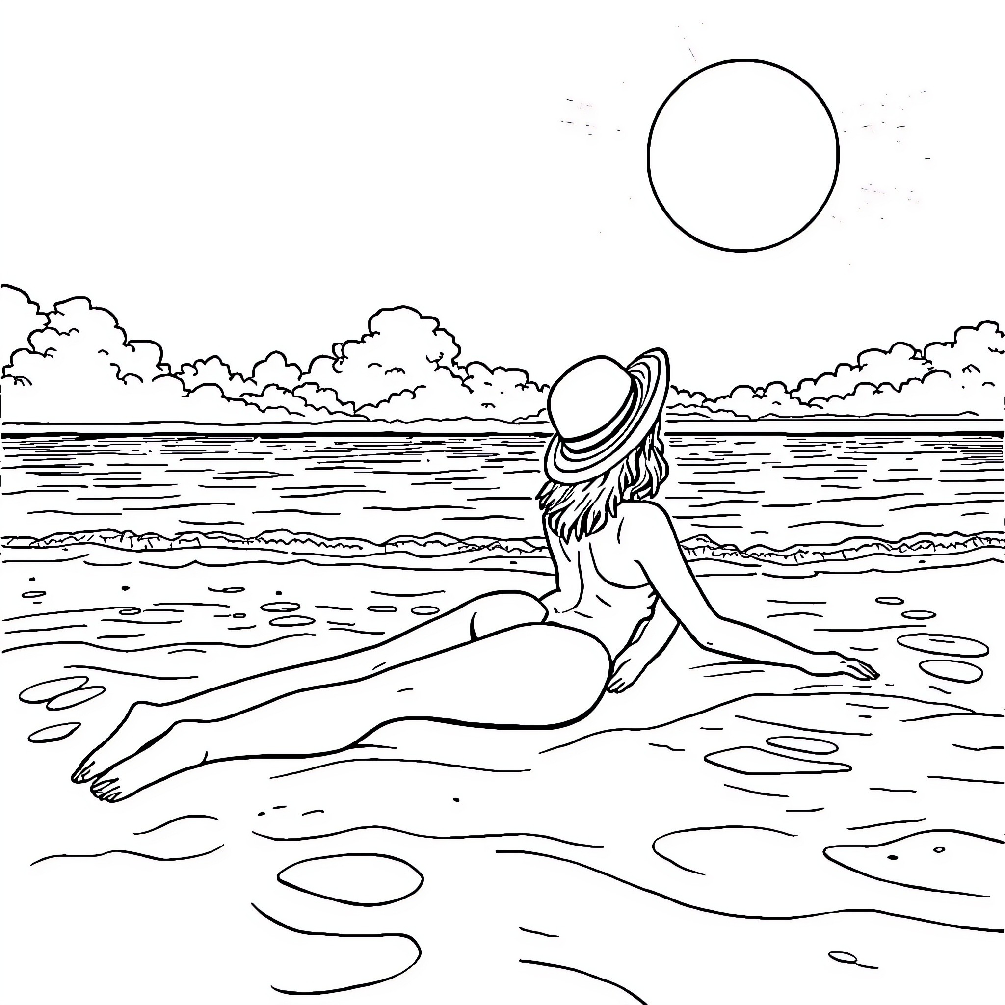 Wife relaxing by the serene ocean shore Coloring Page (free black-and-white line drawing printable PDF for all, from beginners to advanced learners, including children, teens, adults, and seniors)