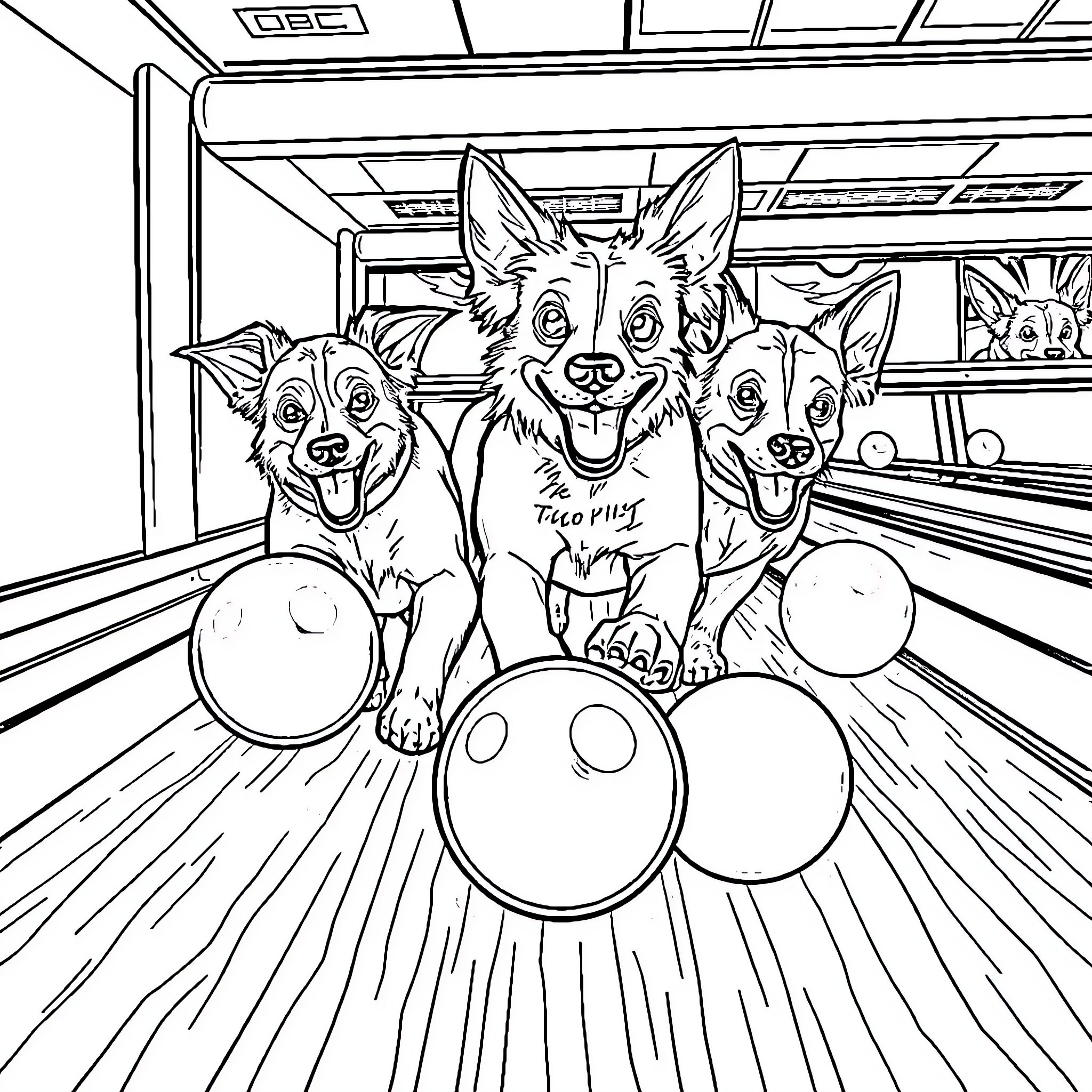 Dog Trio Bowling with Joy Coloring Page (free black-and-white line drawing printable PDF for all, from beginners to advanced learners, including children, teens, adults, and seniors)