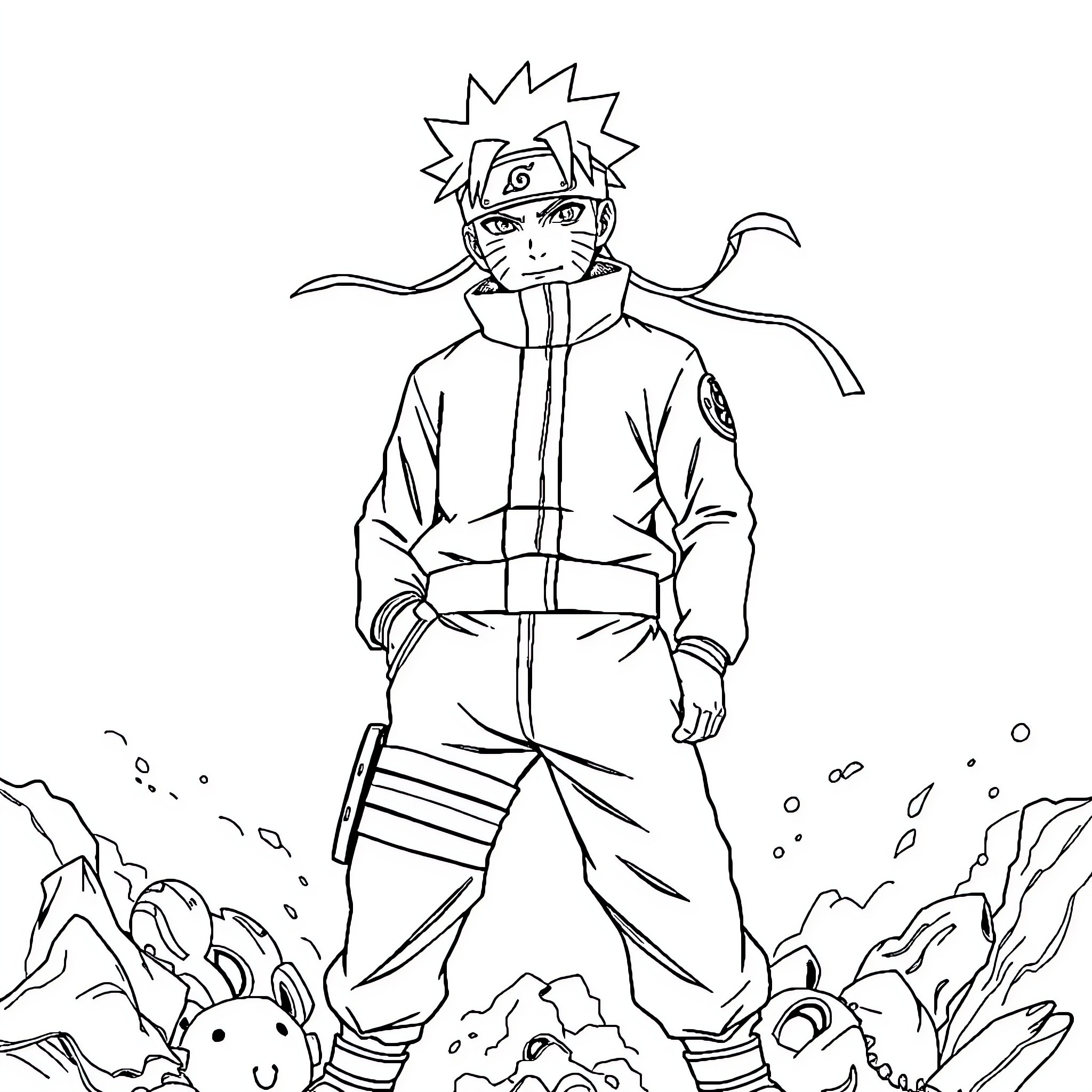 Naruto exploring the wilderness with animal companions Coloring Page (free black-and-white line drawing printable PDF for all, from beginners to advanced learners, including children, teens, adults, and seniors)