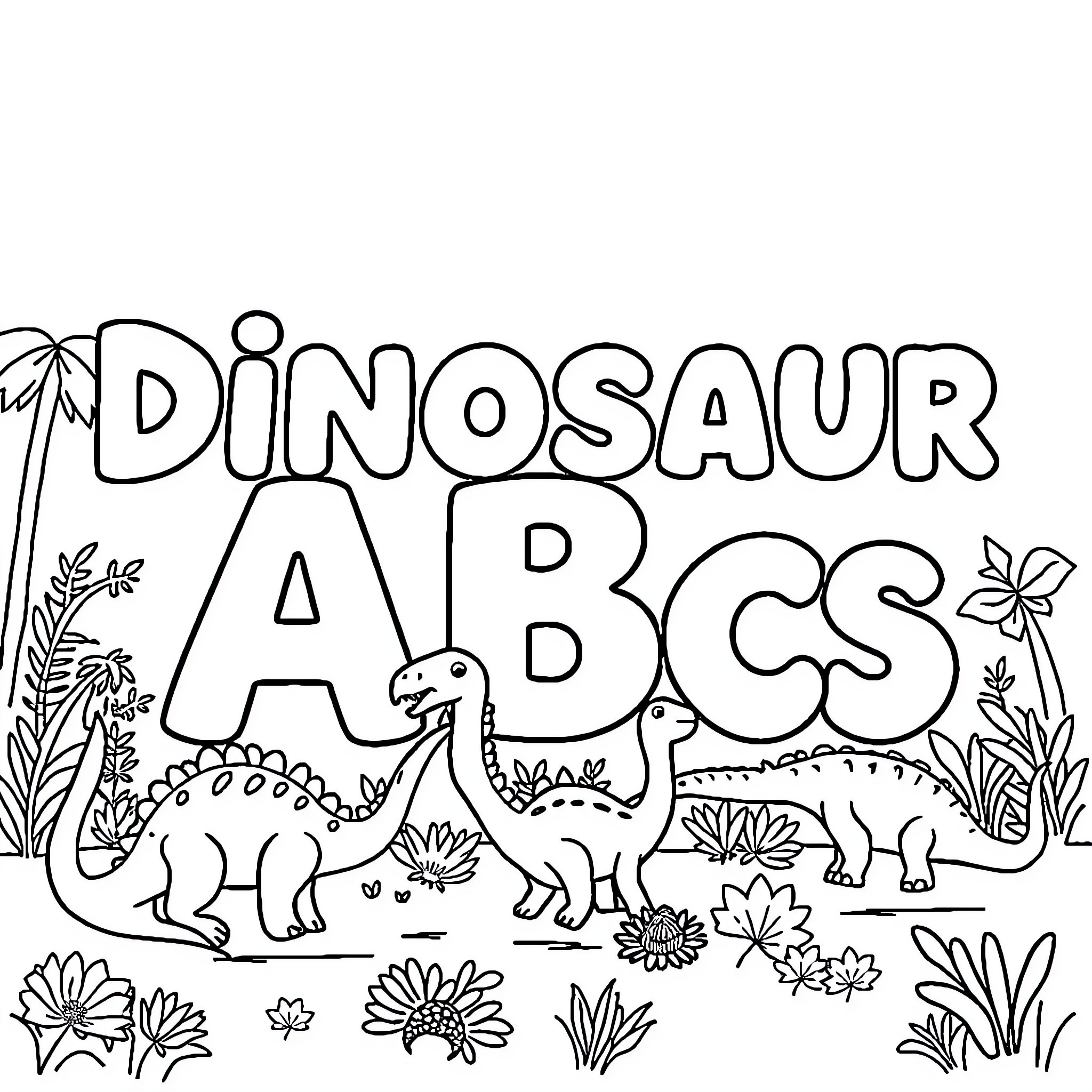 Dinosaurs in a Vibrant Landscape Coloring Page (free black-and-white line drawing printable PDF for all, from beginners to advanced learners, including children, teens, adults, and seniors)