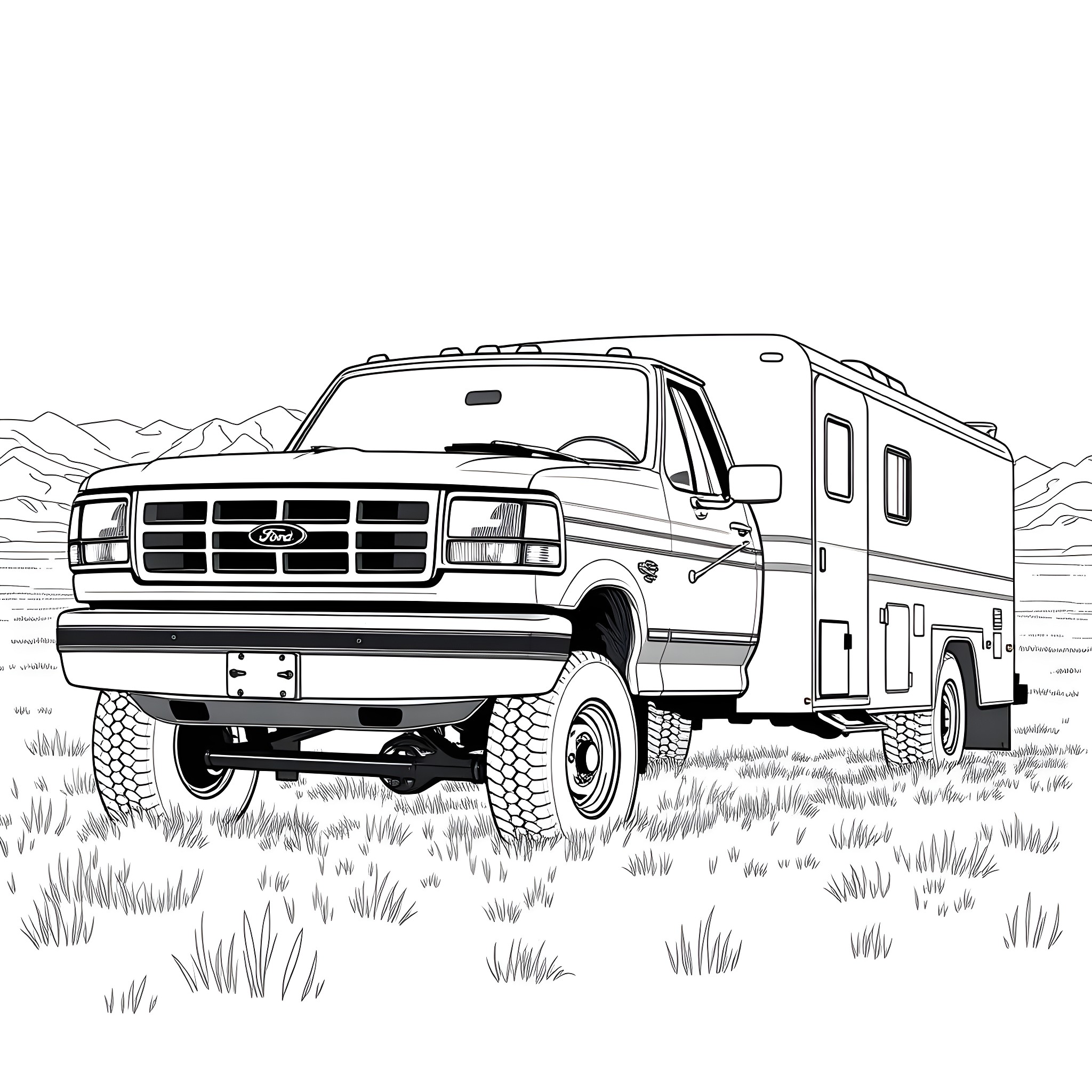 Ford F350 Pickup Truck Towing Camping Trailer in the Wild Coloring Page (free black-and-white line drawing printable PDF for all, from beginners to advanced learners, including children, teens, adults, and seniors)