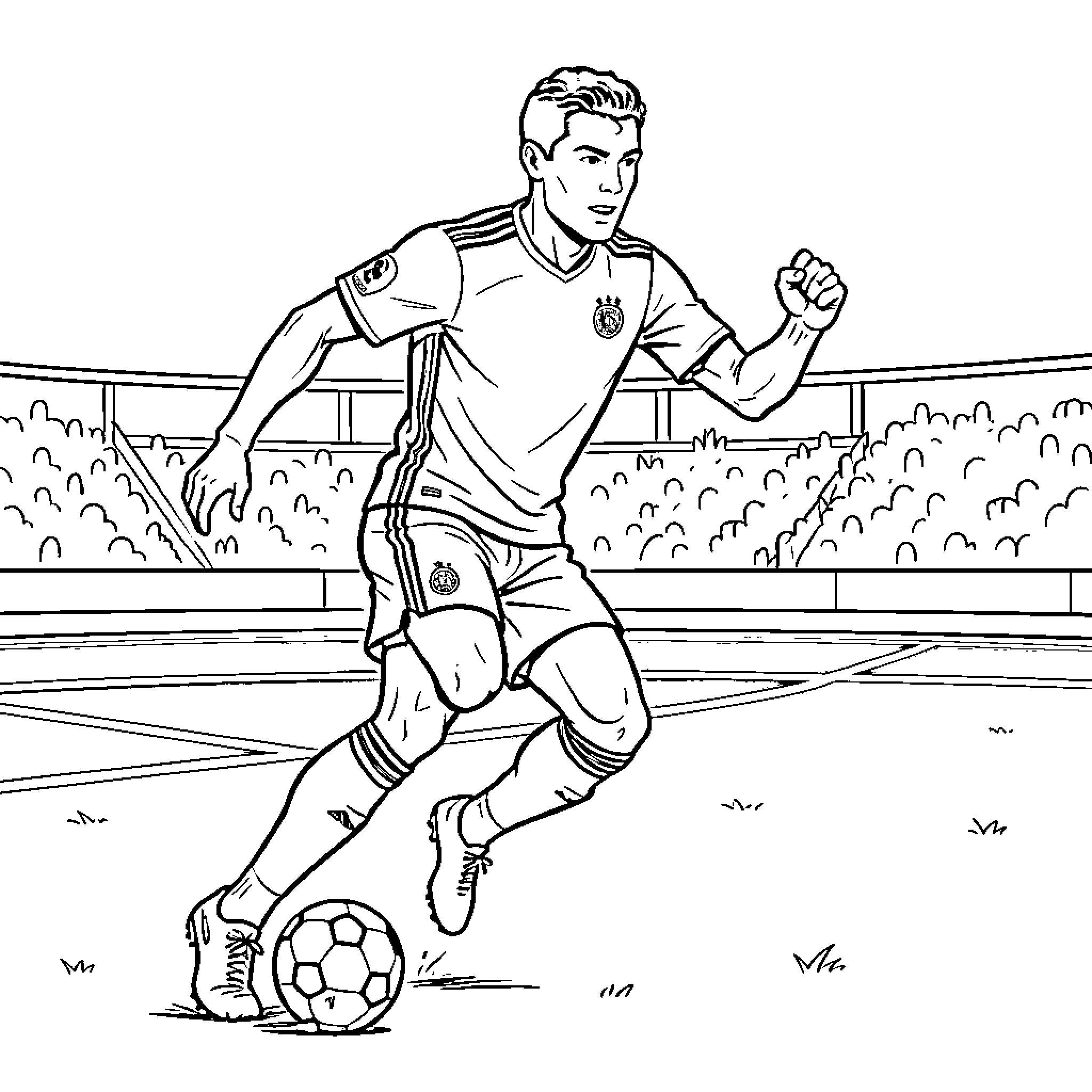 Ronaldo dribbling a soccer ball during a match Coloring Page (free black-and-white line drawing printable PDF for all, from beginners to advanced learners, including children, teens, adults, and seniors)