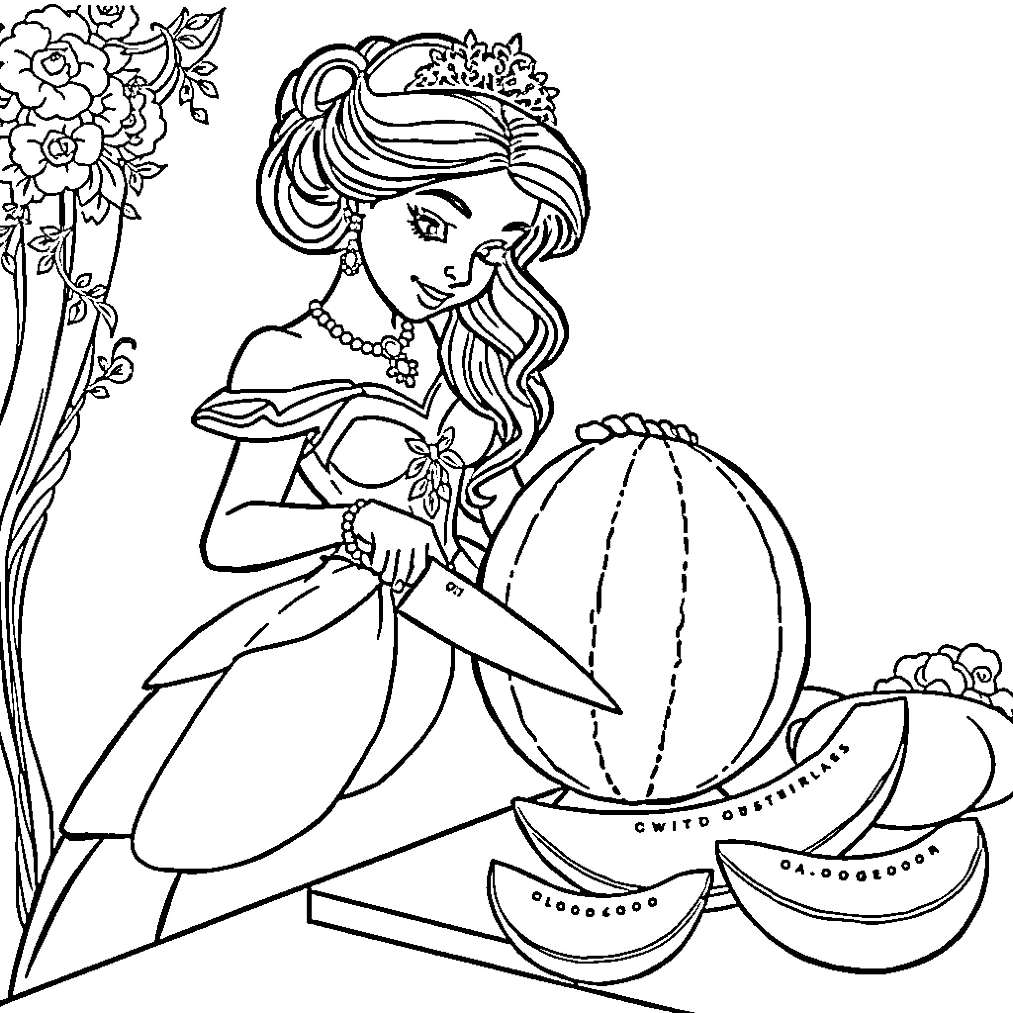 Princess enjoying a watermelon in a floral garden Coloring Page (free black-and-white line drawing printable PDF for all, from beginners to advanced learners, including children, teens, adults, and seniors)