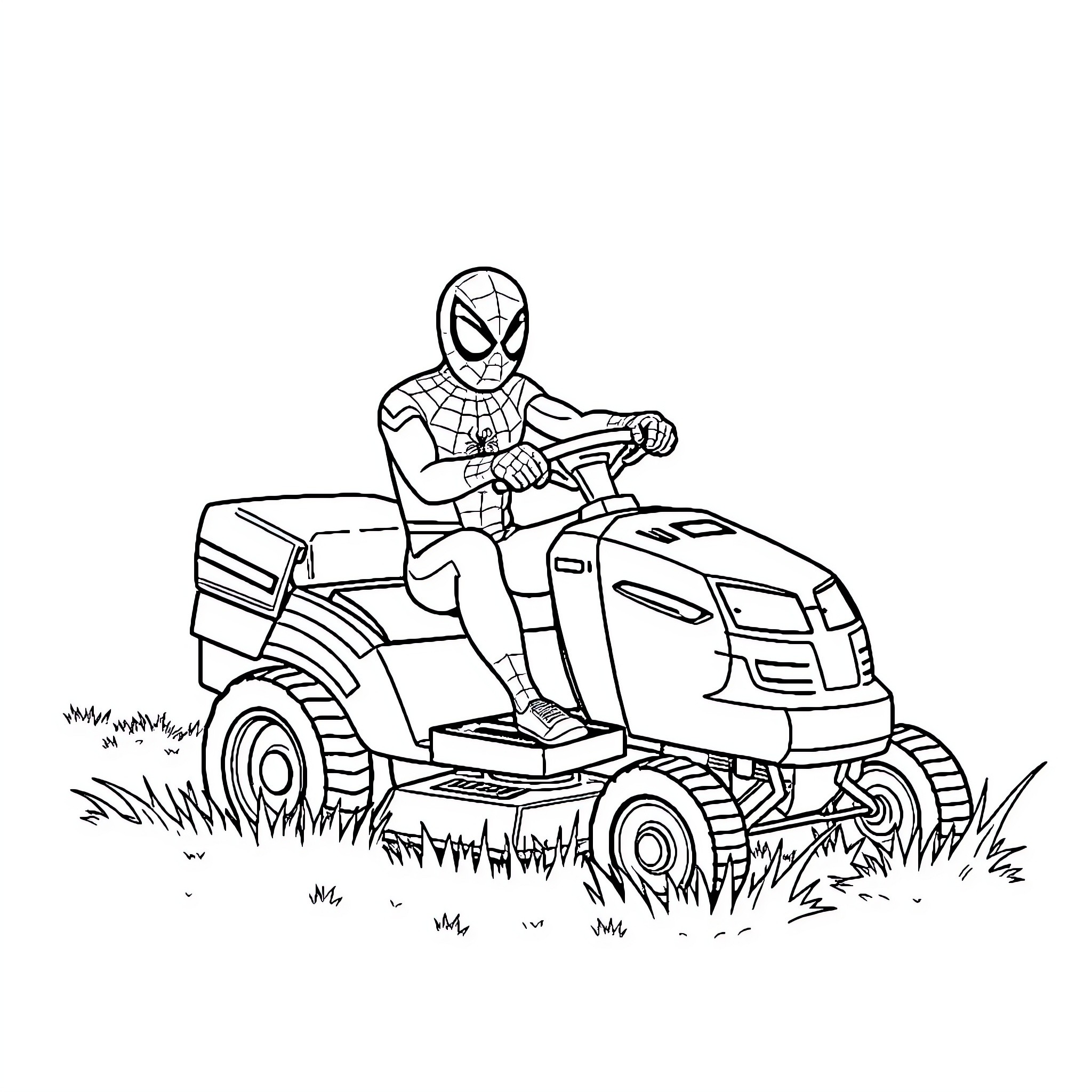 Spiderman riding a lawn mower in the yard Coloring Page (free black-and-white line drawing printable PDF for all, from beginners to advanced learners, including children, teens, adults, and seniors)