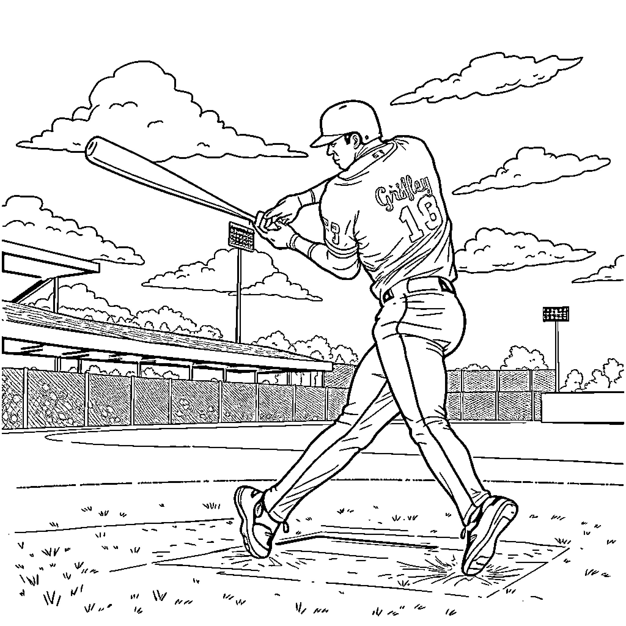 Ken Griffey Jr. batting at the baseball stadium Coloring Page (free black-and-white line drawing printable PDF for all, from beginners to advanced learners, including children, teens, adults, and seniors)