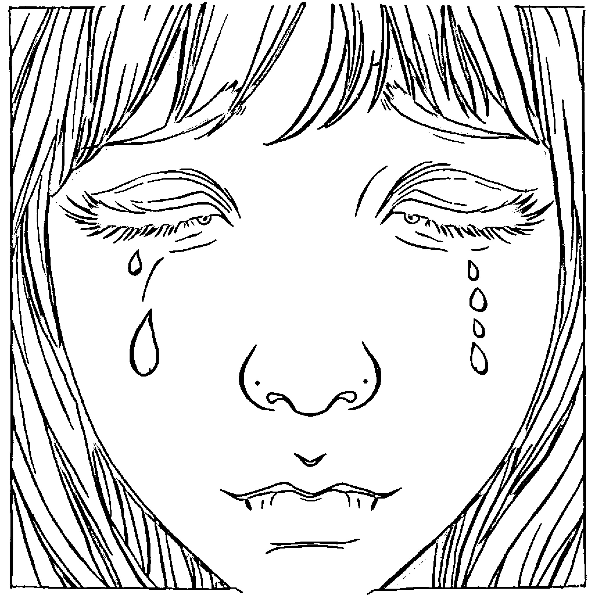 Eye of Sadness: Tearful Expression Coloring Page (free black-and-white line drawing printable PDF for all, from beginners to advanced learners, including children, teens, adults, and seniors)