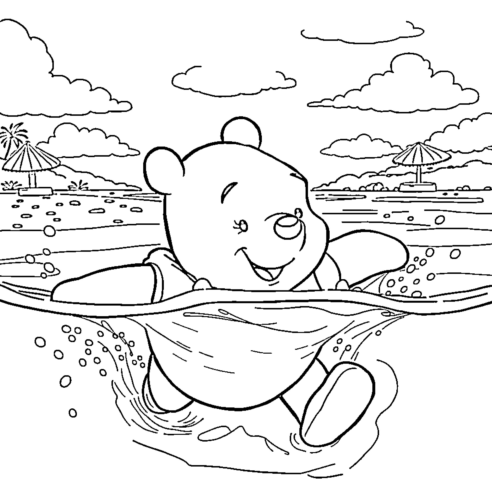 Winnie The Pooh Relaxing at the Beach Coloring Page (free black-and-white line drawing printable PDF for all, from beginners to advanced learners, including children, teens, adults, and seniors)