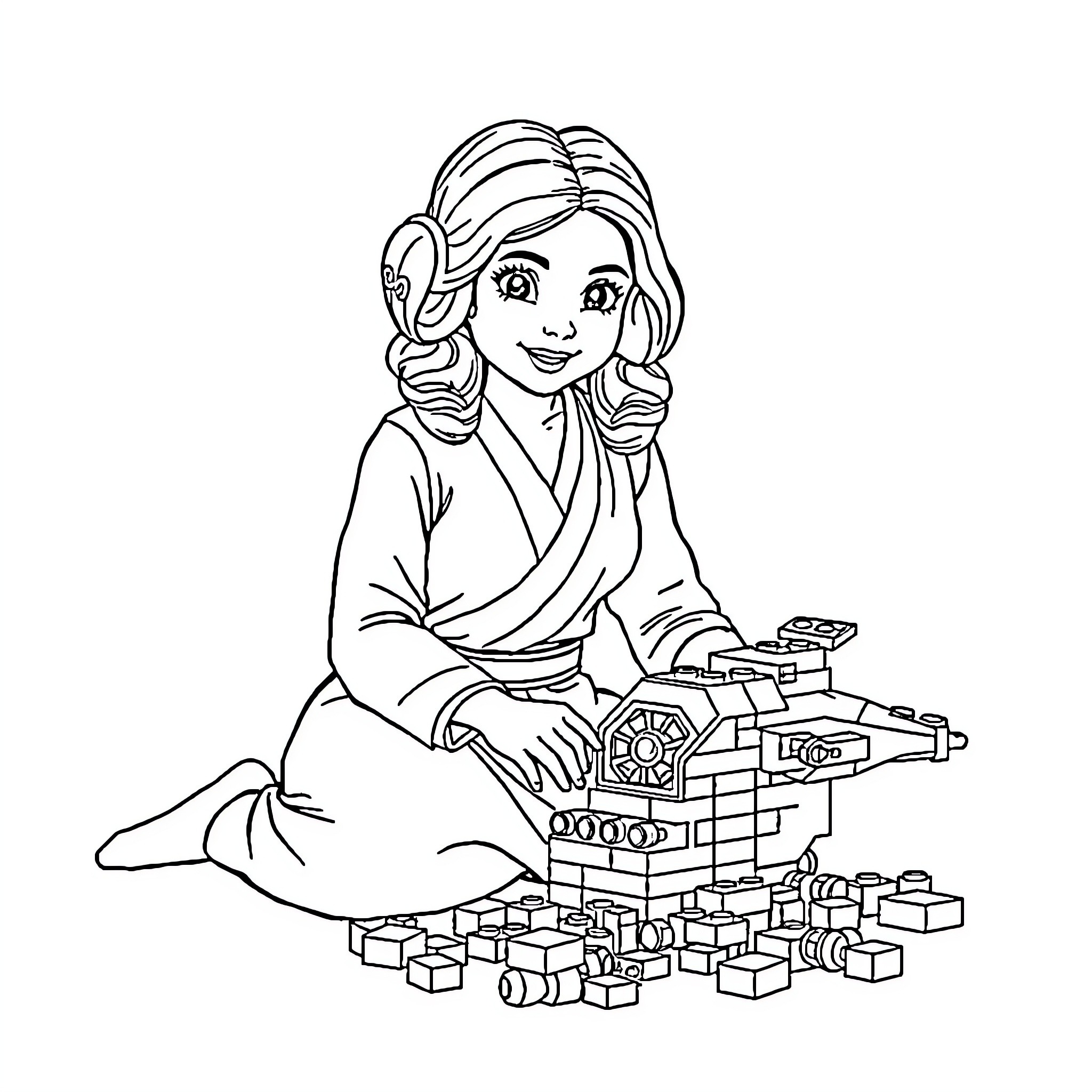 Princess Leia playing with toy starship blocks Coloring Page (free black-and-white line drawing printable PDF for all, from beginners to advanced learners, including children, teens, adults, and seniors)