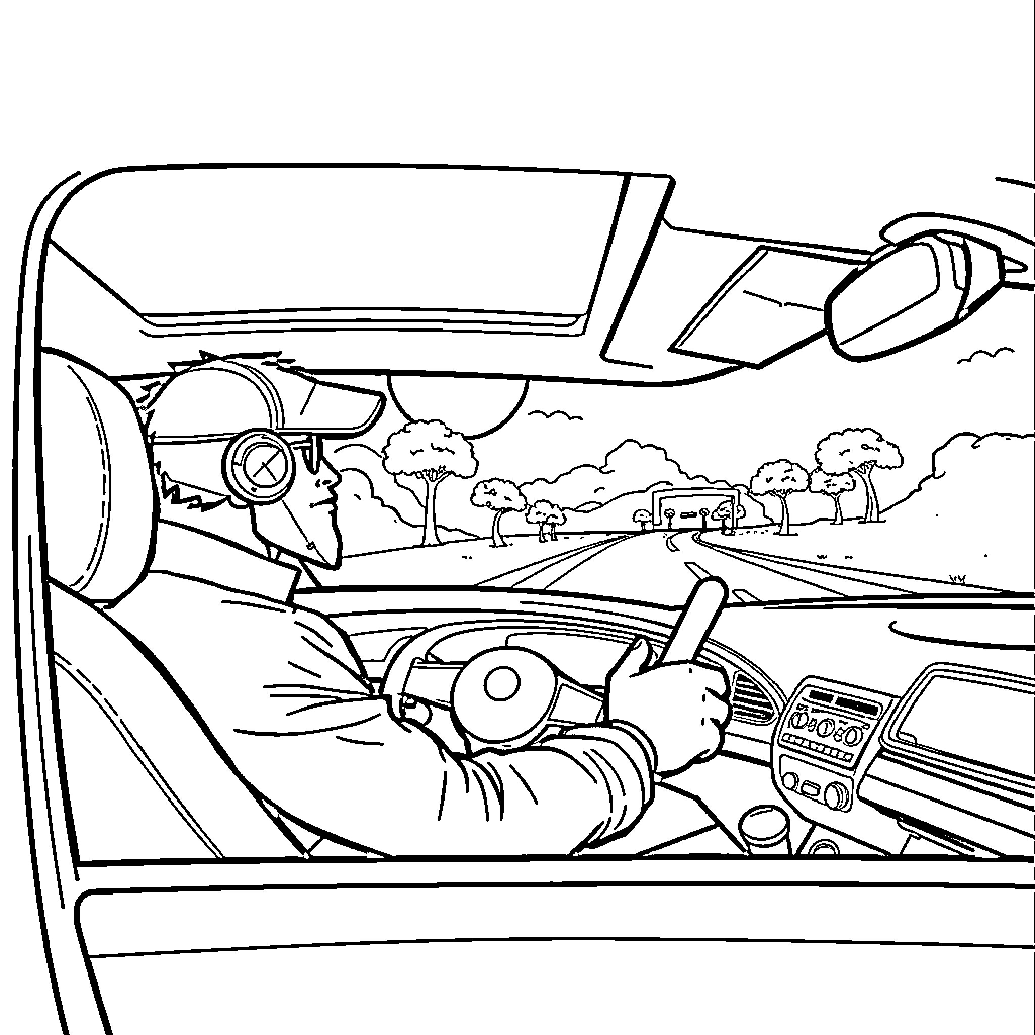 Huntrix drives through scenic countryside Coloring Page (free black-and-white line drawing printable PDF for all, from beginners to advanced learners, including children, teens, adults, and seniors)