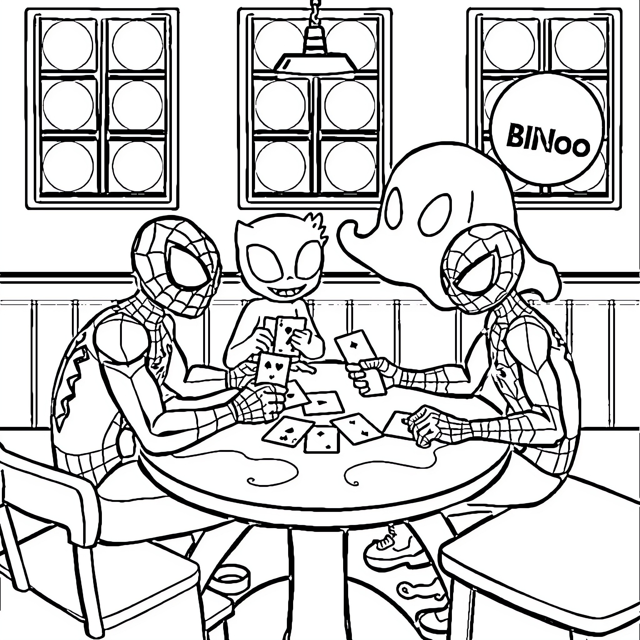 Spider-themed characters playing bingo together Coloring Page (free black-and-white line drawing printable PDF for all, from beginners to advanced learners, including children, teens, adults, and seniors)