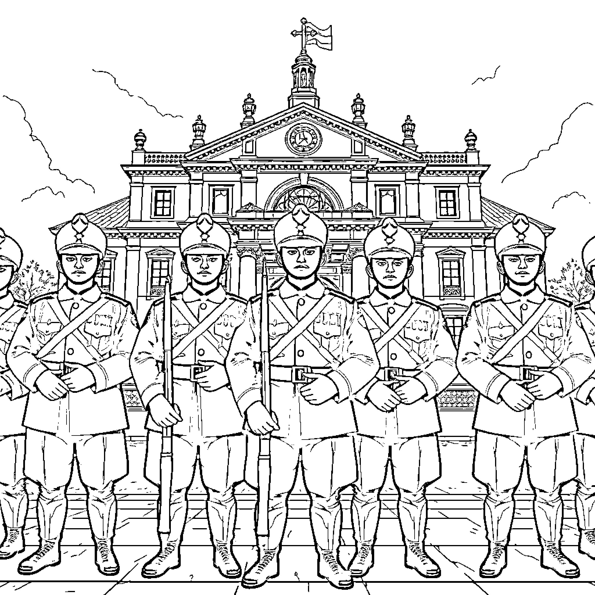 Jandarmerie officers standing in formation before government building Coloring Page (free black-and-white line drawing printable PDF for all, from beginners to advanced learners, including children, teens, adults, and seniors)