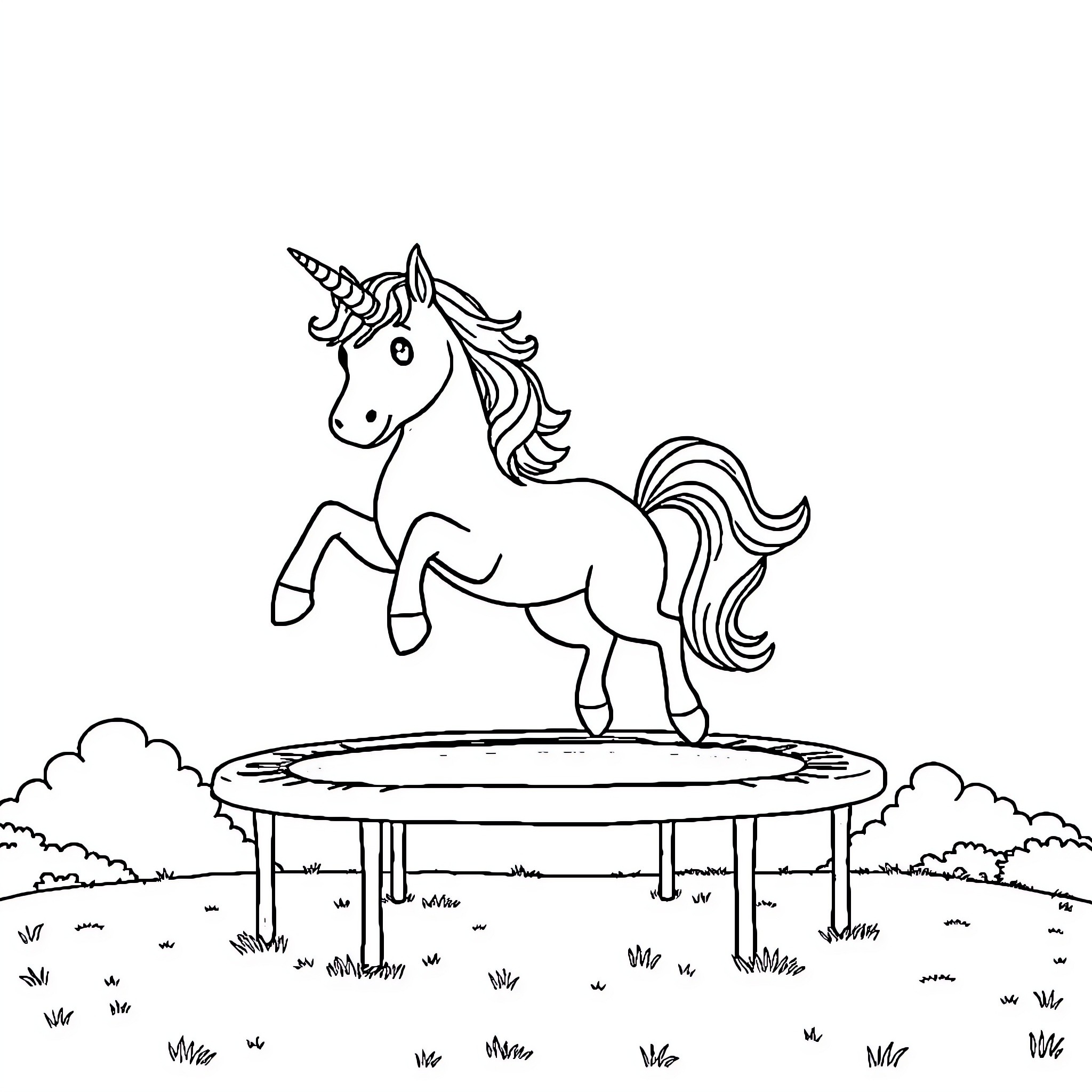 Unicorn Jumping on Trampoline in the Meadow Coloring Page (free black-and-white line drawing printable PDF for all, from beginners to advanced learners, including children, teens, adults, and seniors)