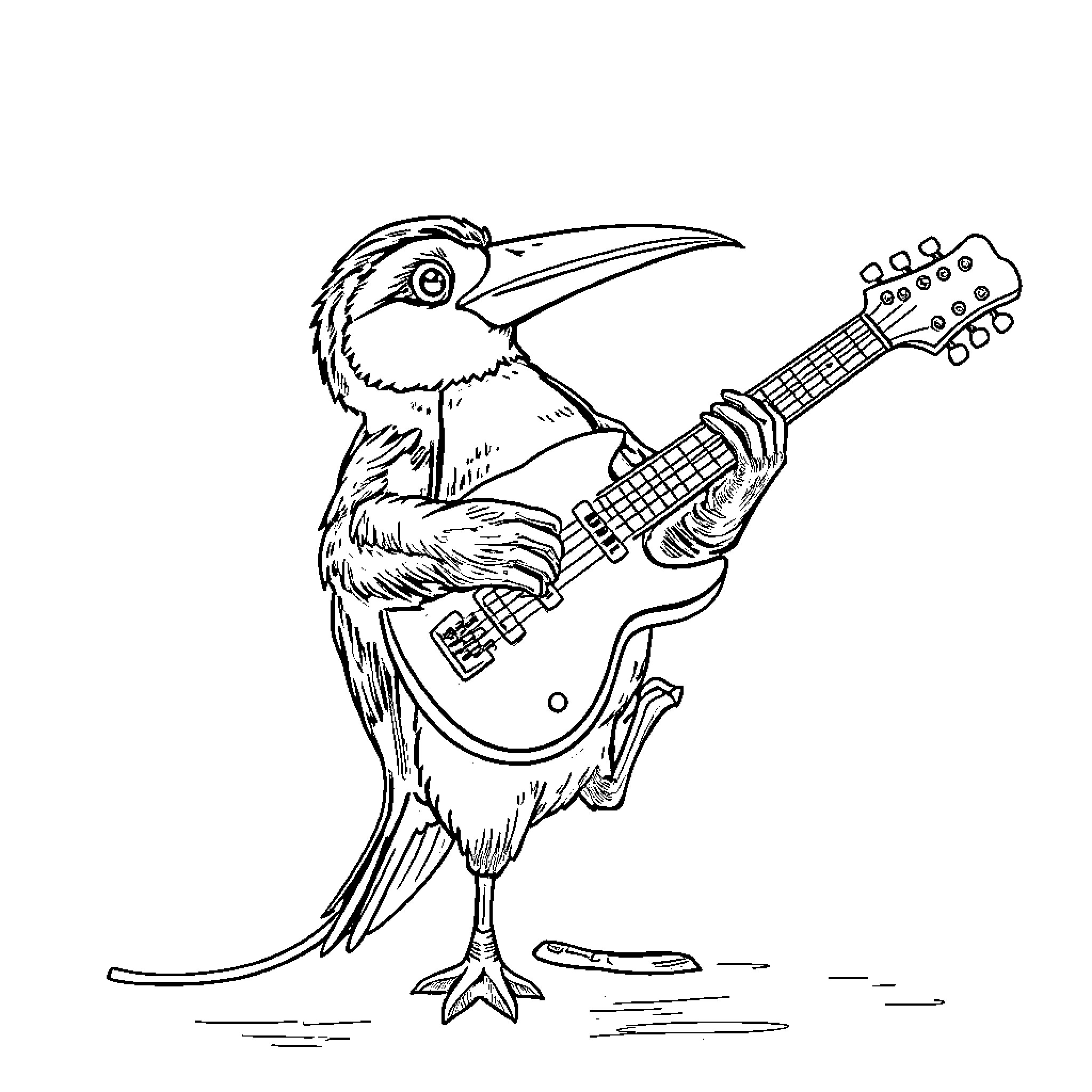 Penguin Musician Playing Guitar on Stage Coloring Page (free black-and-white line drawing printable PDF for all, from beginners to advanced learners, including children, teens, adults, and seniors)