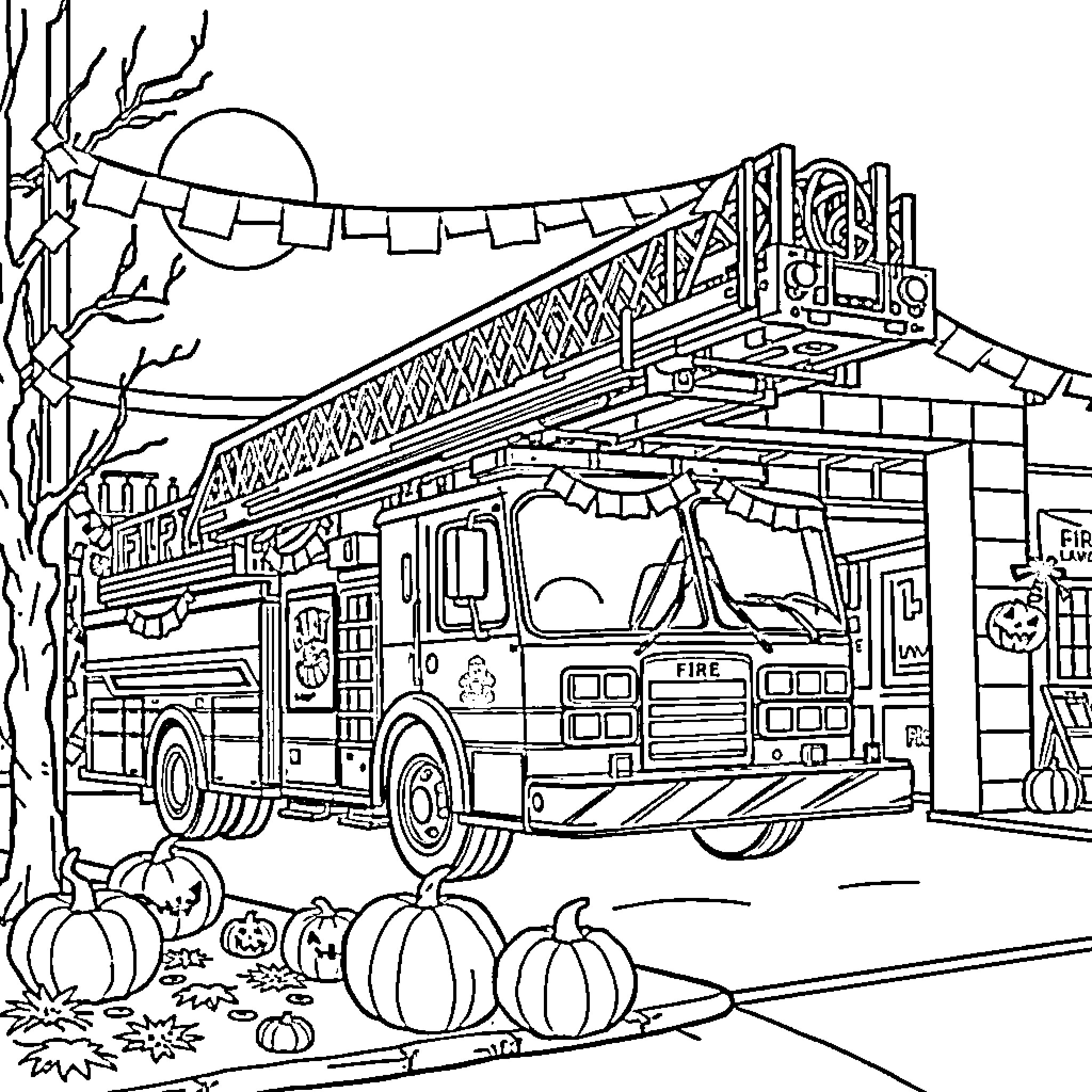 Fire Station with Firefighters and Emergency Vehicle Coloring Page (free black-and-white line drawing printable PDF for all, from beginners to advanced learners, including children, teens, adults, and seniors)