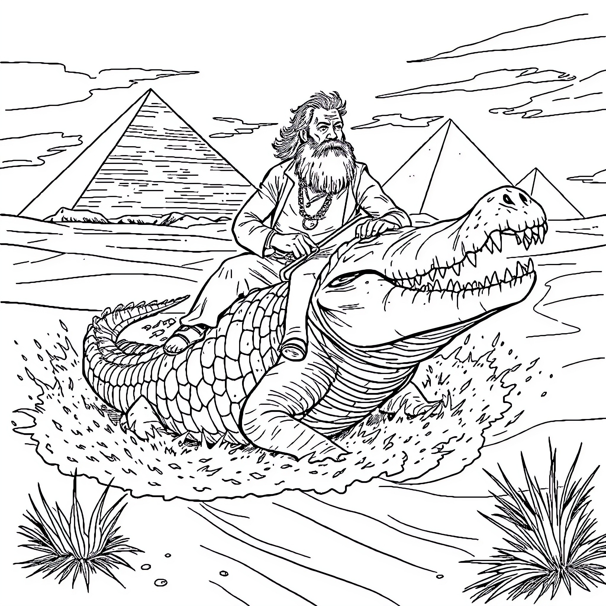 Mick Foley riding a fearsome alligator near Egyptian pyramids Coloring Page (free black-and-white line drawing printable PDF for all, from beginners to advanced learners, including children, teens, adults, and seniors)