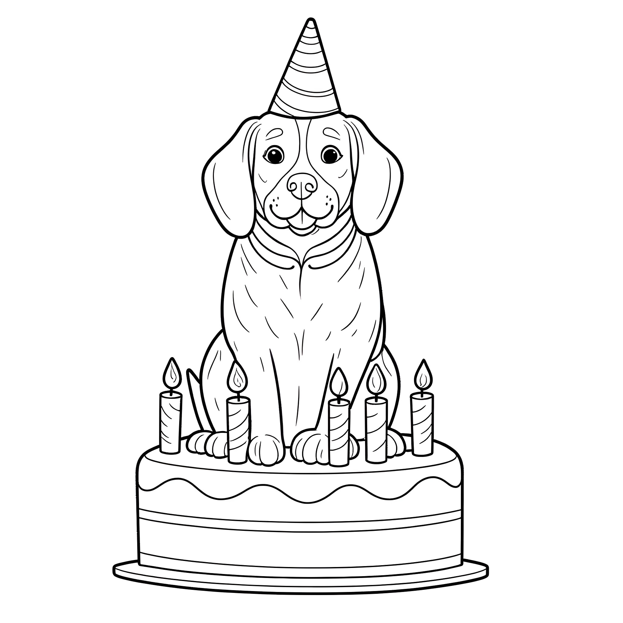 Beagle celebrating with birthday cake and candles Coloring Page (free black-and-white line drawing printable PDF for all, from beginners to advanced learners, including children, teens, adults, and seniors)