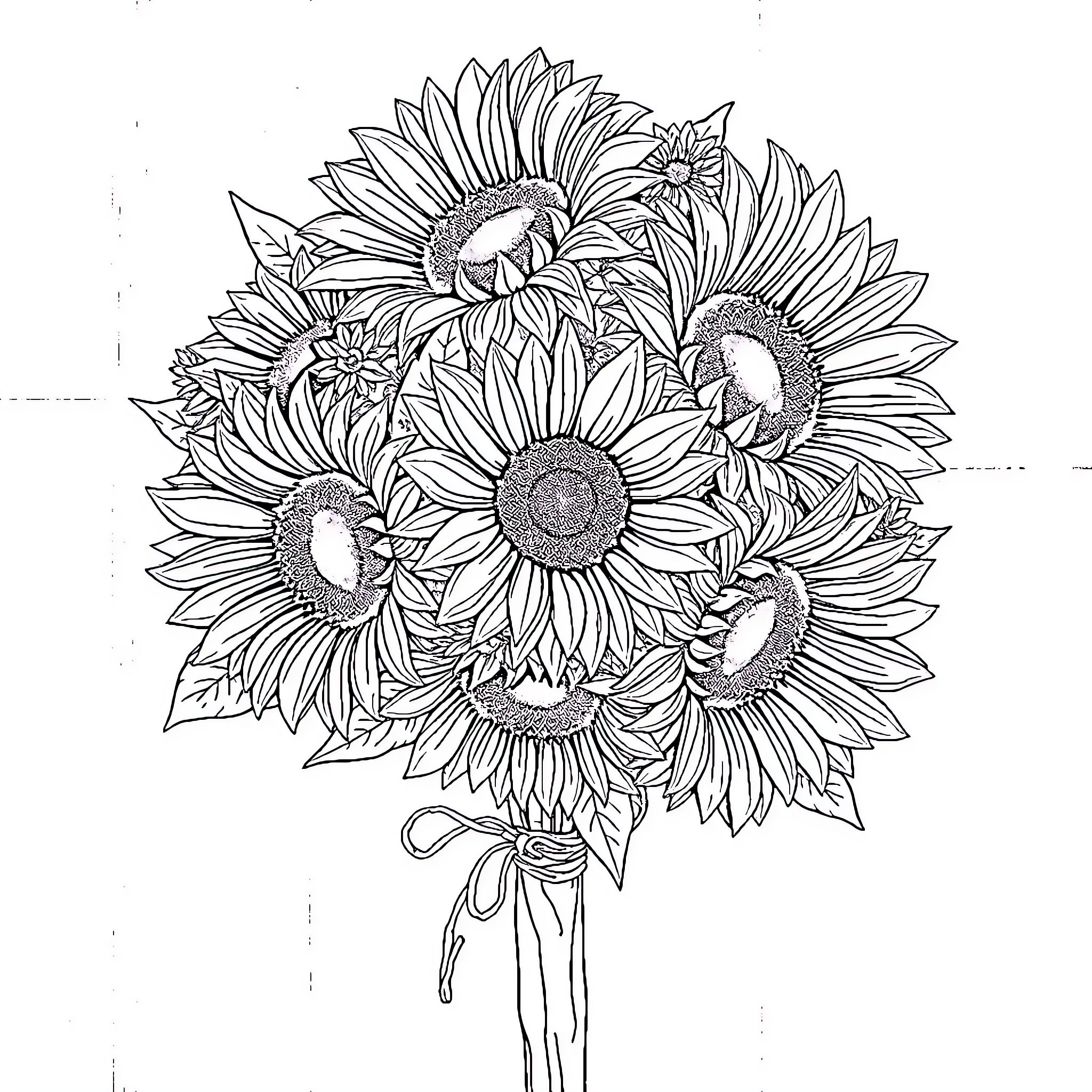 Sunflower bouquet with intricate details Coloring Page (free black-and-white line drawing printable PDF for all, from beginners to advanced learners, including children, teens, adults, and seniors)