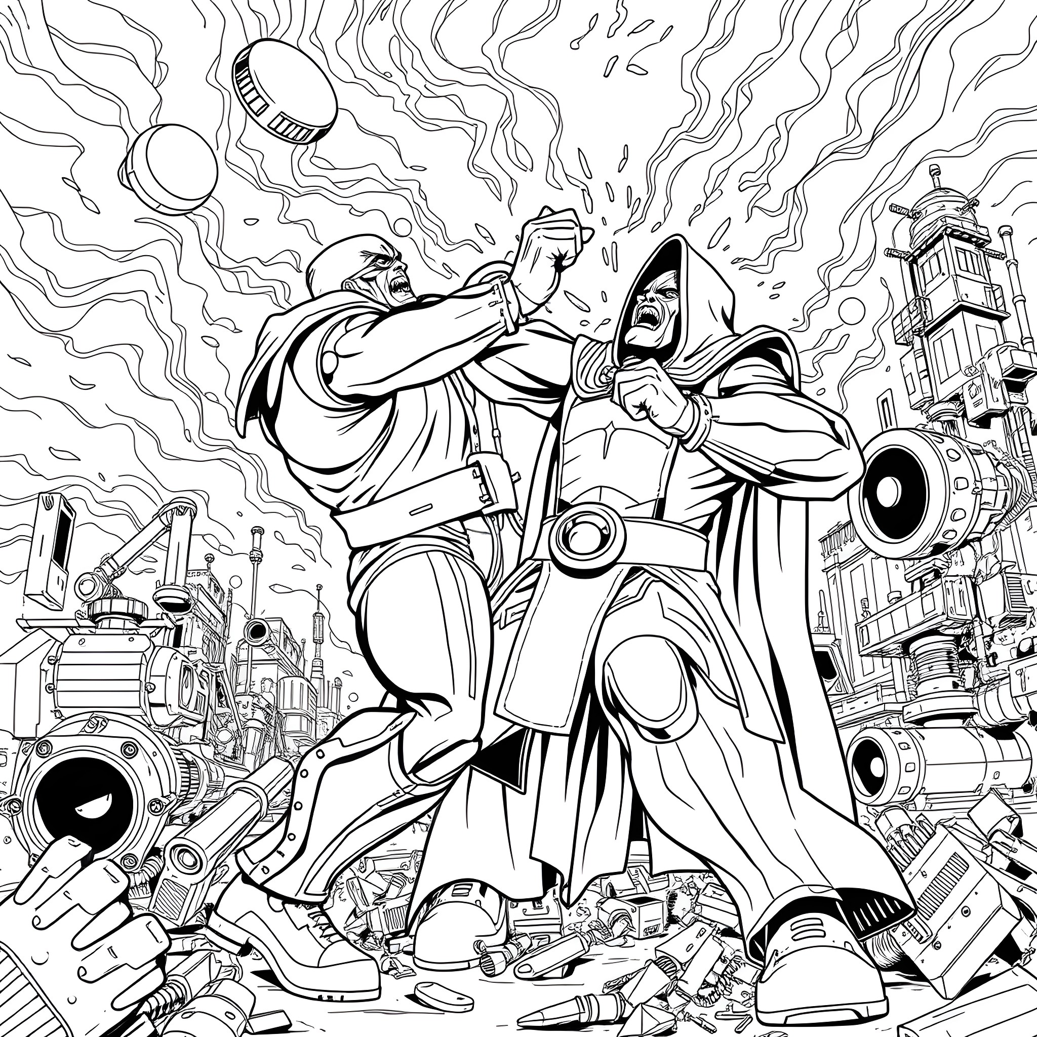 Jelly Roll's Heroic Battle in the City Coloring Page (free black-and-white line drawing printable PDF for all, from beginners to advanced learners, including children, teens, adults, and seniors)
