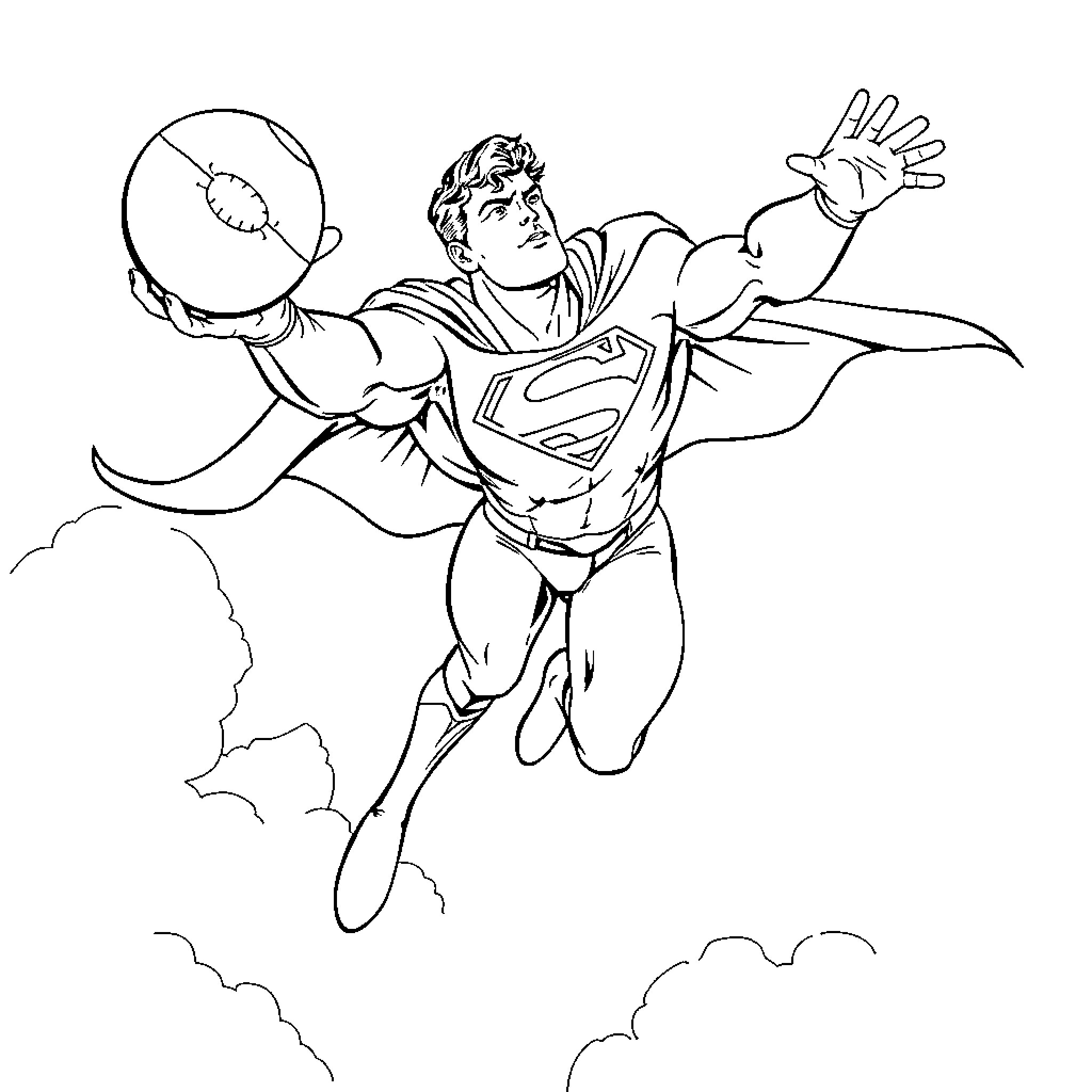 Superman soaring through the clouds in action Coloring Page (free black-and-white line drawing printable PDF for all, from beginners to advanced learners, including children, teens, adults, and seniors)