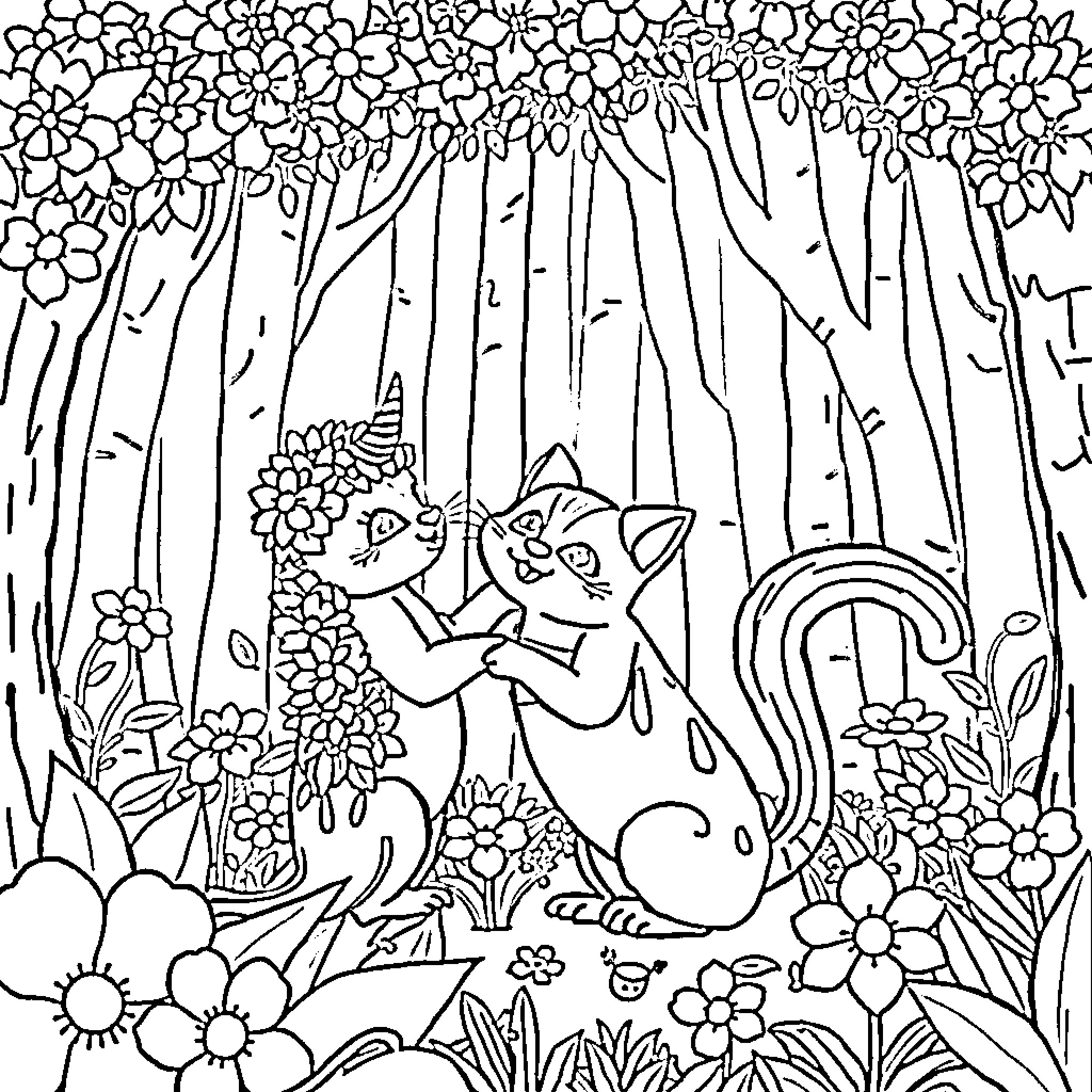 Unicorn friends playing in a magical forest Coloring Page (free black-and-white line drawing printable PDF for all, from beginners to advanced learners, including children, teens, adults, and seniors)