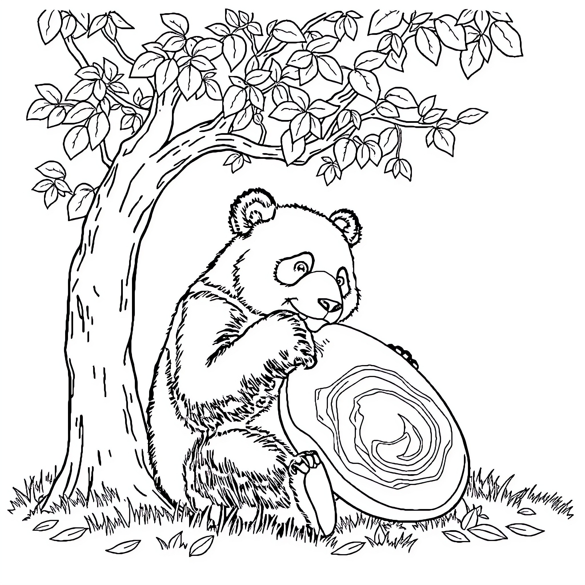 Panda resting peacefully in forest scenery Coloring Page (free black-and-white line drawing printable PDF for all, from beginners to advanced learners, including children, teens, adults, and seniors)