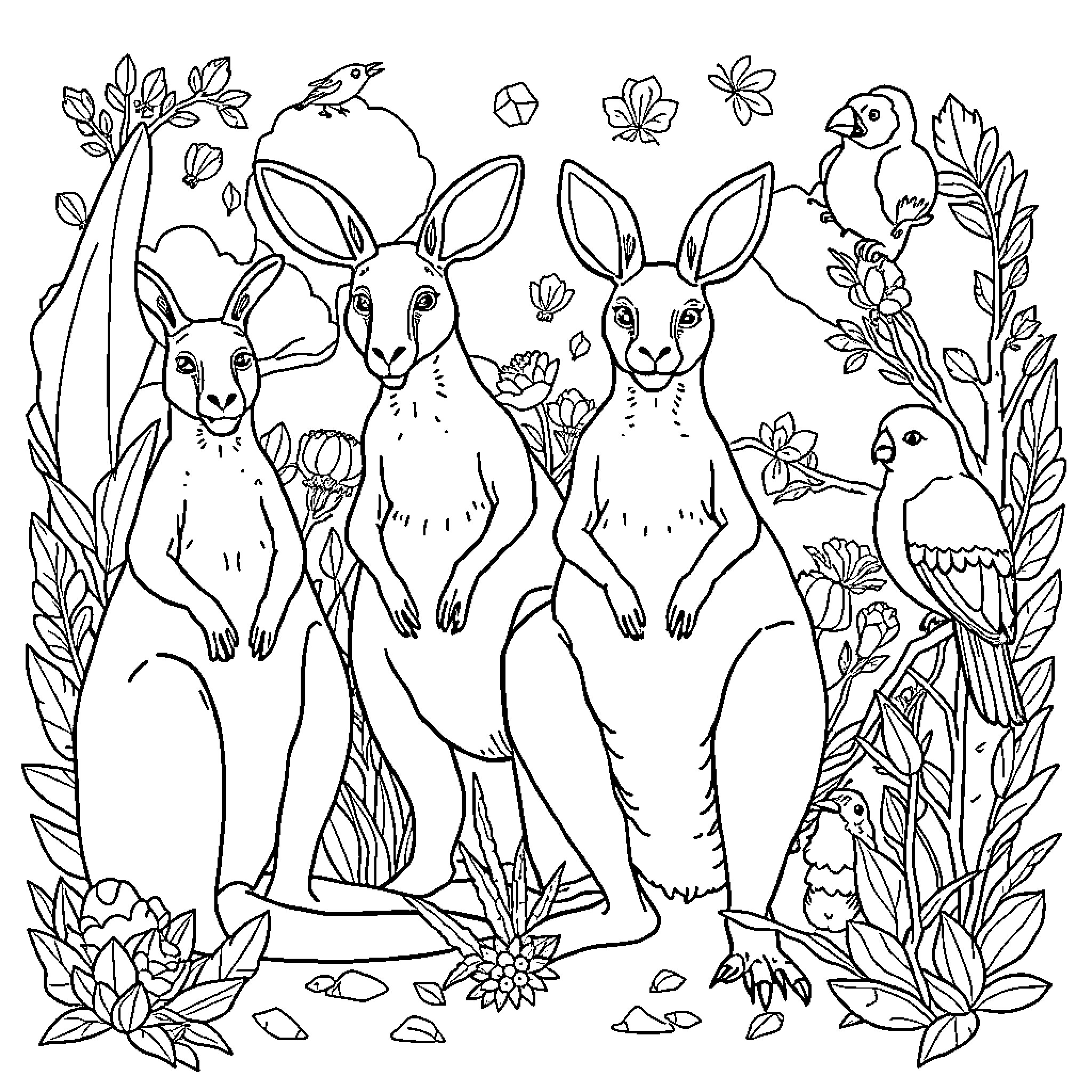 Fauna of the Whimsical Woodland Coloring Page (free black-and-white line drawing printable PDF for all, from beginners to advanced learners, including children, teens, adults, and seniors)