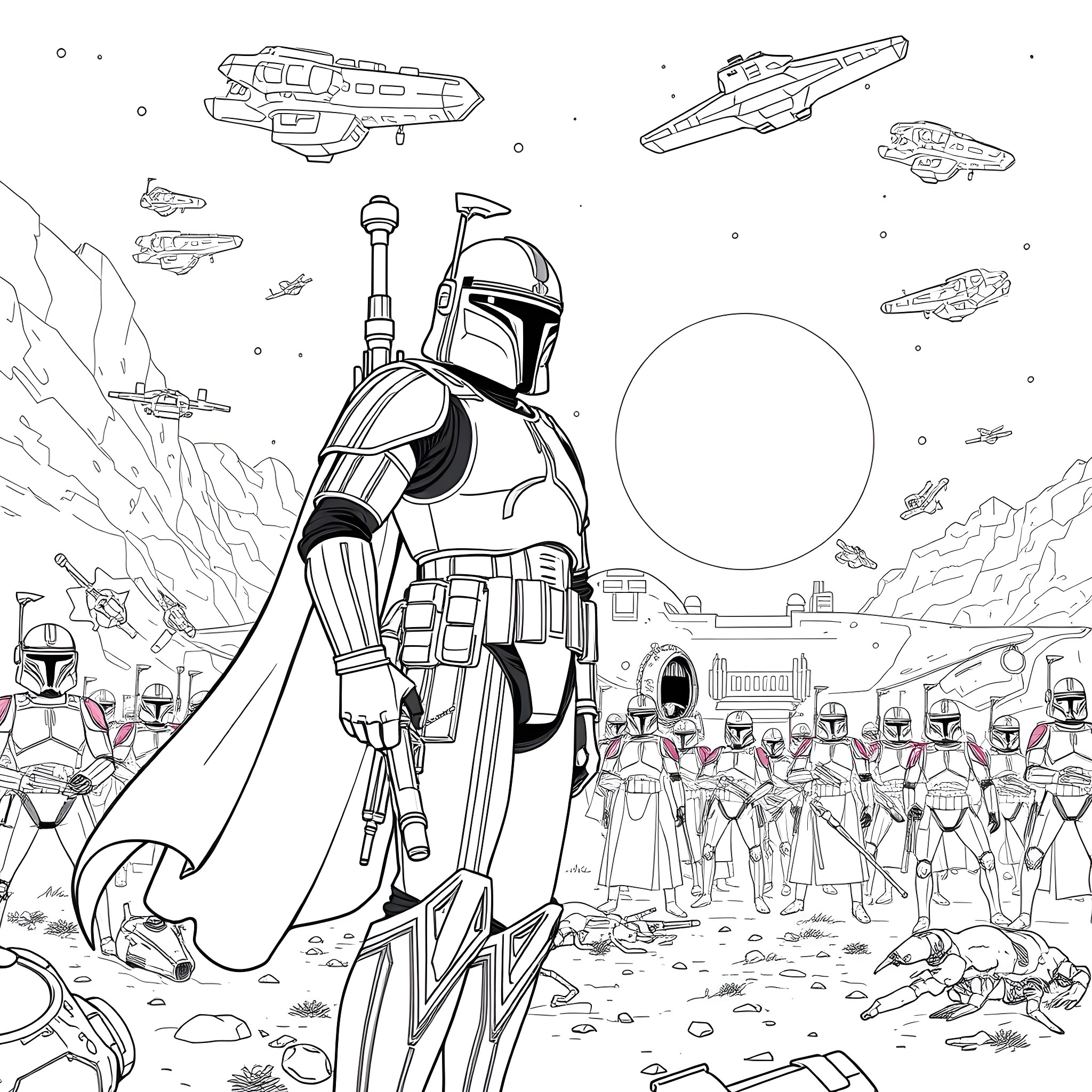 Captain Rex Leads the Charge in a Sci-Fi Landscape Coloring Page (free black-and-white line drawing printable PDF for all, from beginners to advanced learners, including children, teens, adults, and seniors)