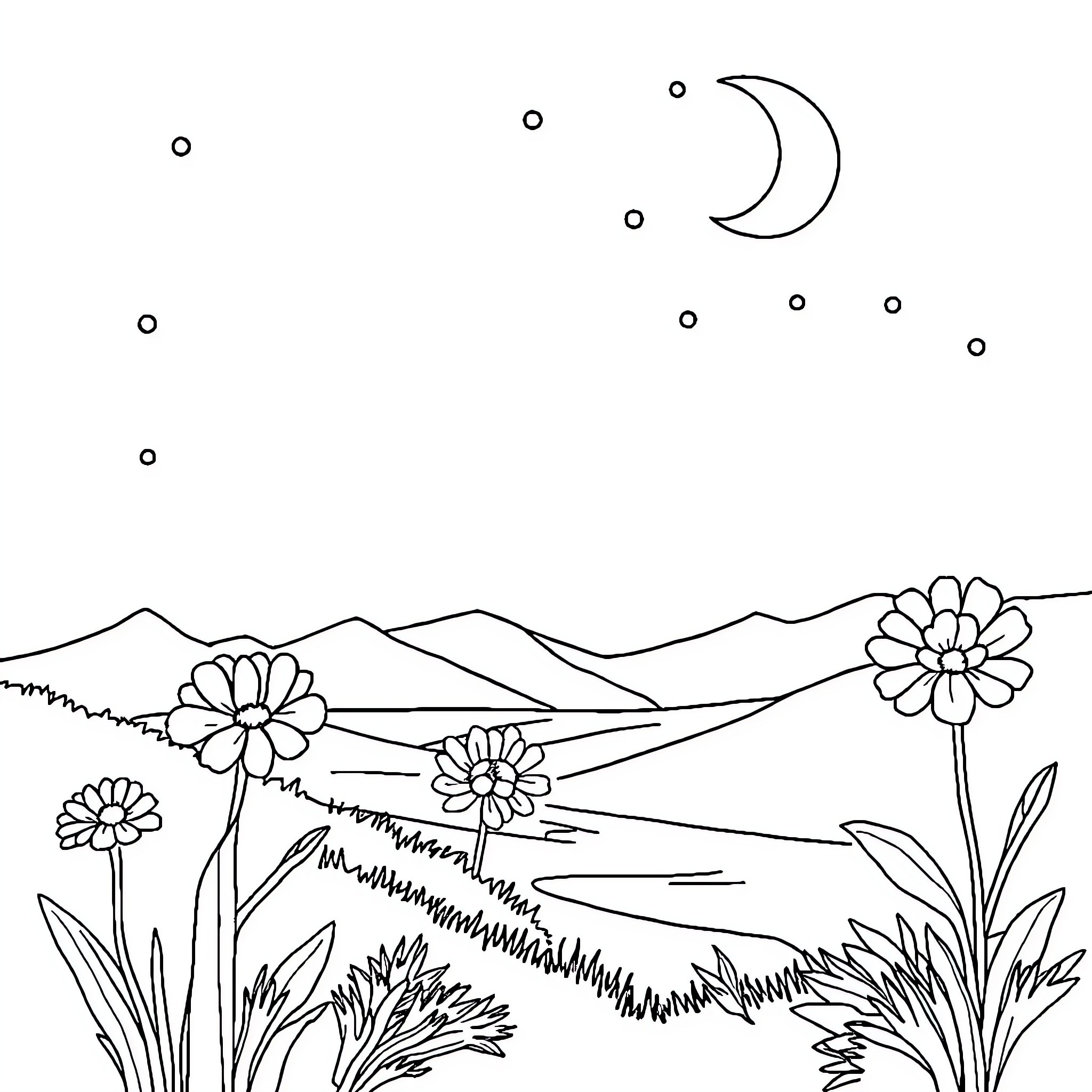 Tower of flowers and moon in night landscape Coloring Page (free black-and-white line drawing printable PDF for all, from beginners to advanced learners, including children, teens, adults, and seniors)