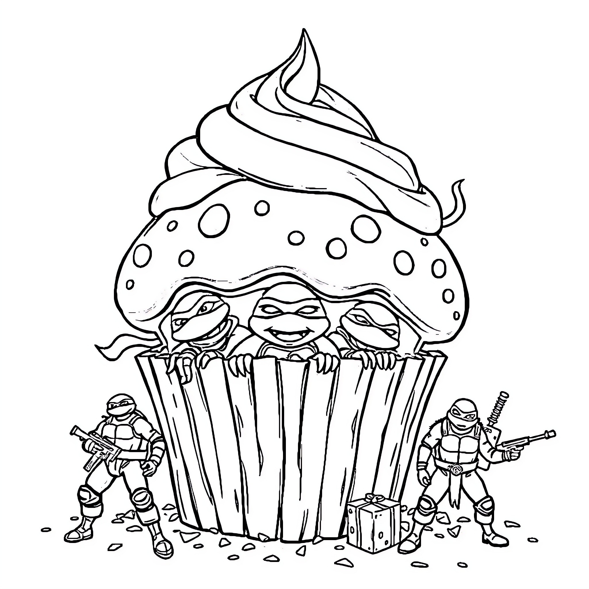Cupcake with Ninja Turtles in battle Coloring Page (free black-and-white line drawing printable PDF for all, from beginners to advanced learners, including children, teens, adults, and seniors)