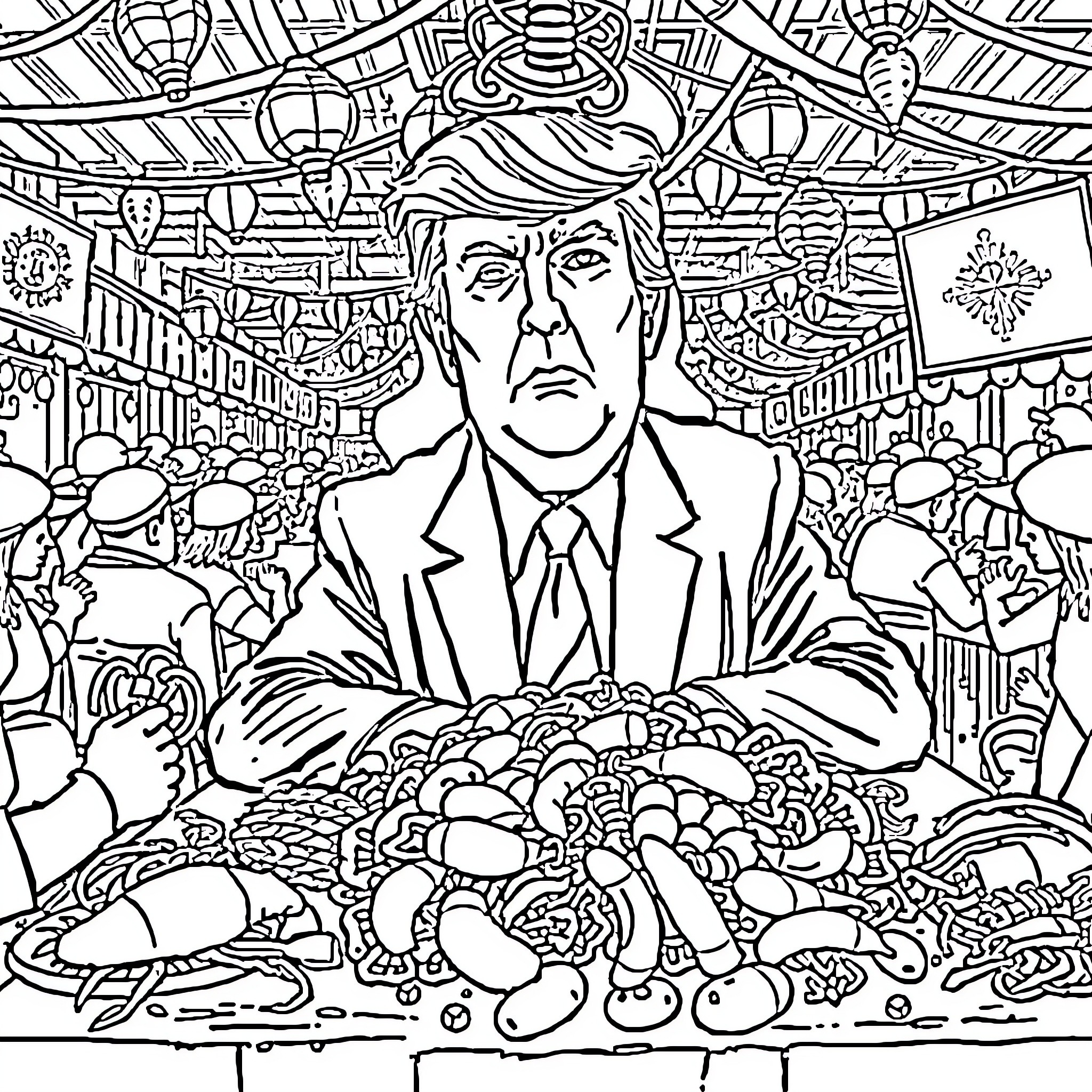 Donald Trump in a Complex and Chaotic Political Landscape Coloring Page (free black-and-white line drawing printable PDF for all, from beginners to advanced learners, including children, teens, adults, and seniors)