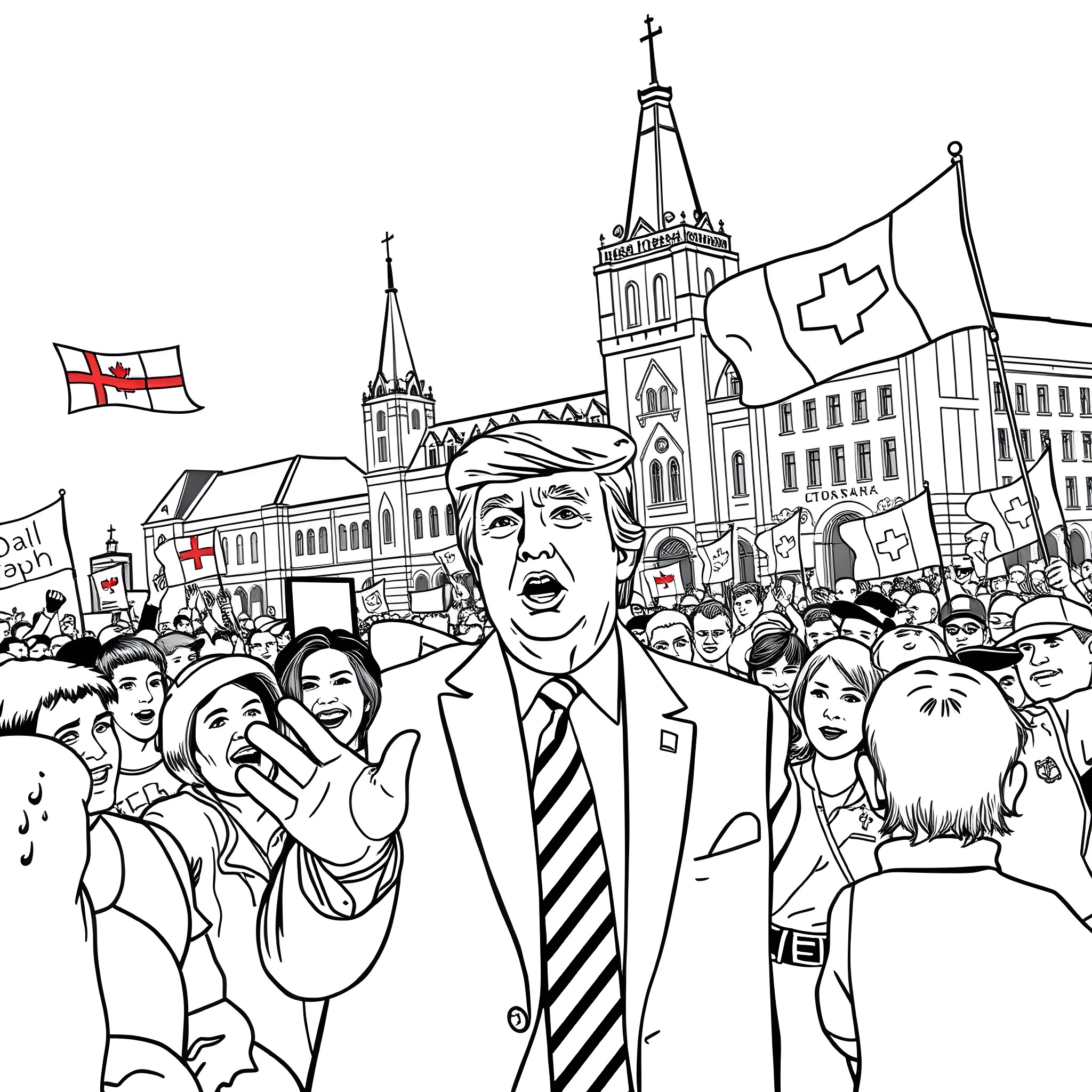 Trump Amid Protests and Demonstrations in Downtown Coloring Page (free black-and-white line drawing printable PDF for all, from beginners to advanced learners, including children, teens, adults, and seniors)