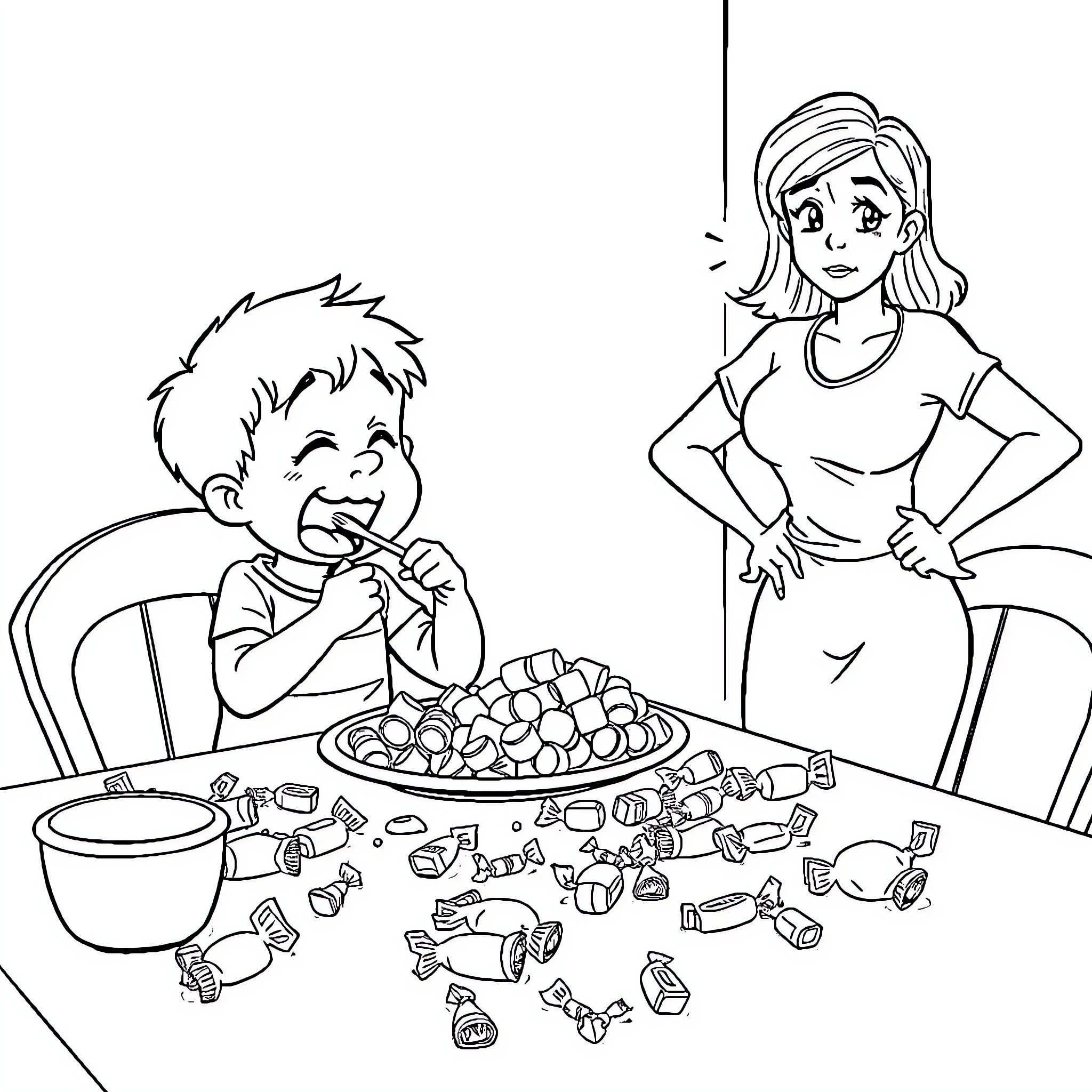 Kid enjoying sweets while mother watches Coloring Page (free black-and-white line drawing printable PDF for all, from beginners to advanced learners, including children, teens, adults, and seniors)