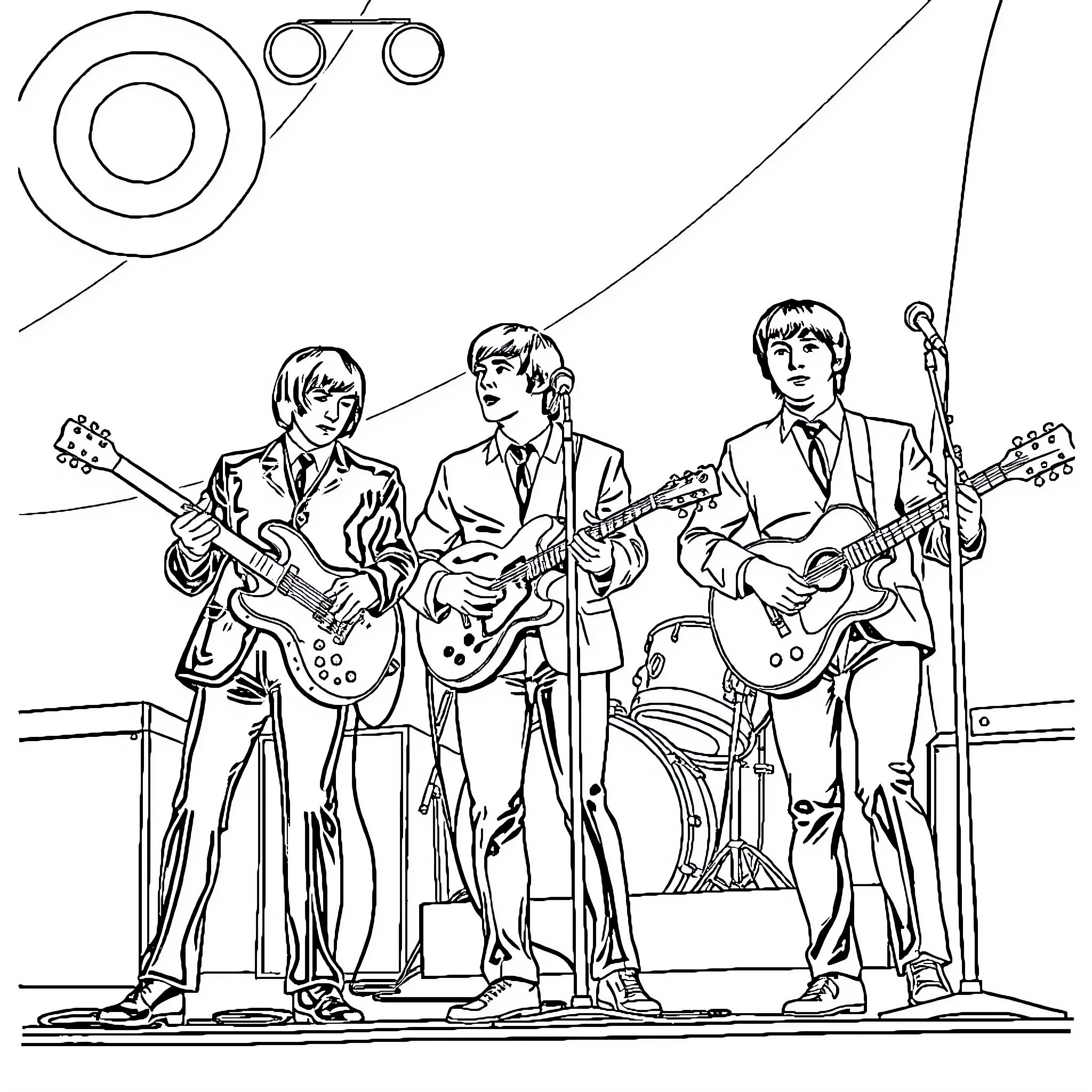 Beatles performing on stage with musical instruments Coloring Page (free black-and-white line drawing printable PDF for all, from beginners to advanced learners, including children, teens, adults, and seniors)