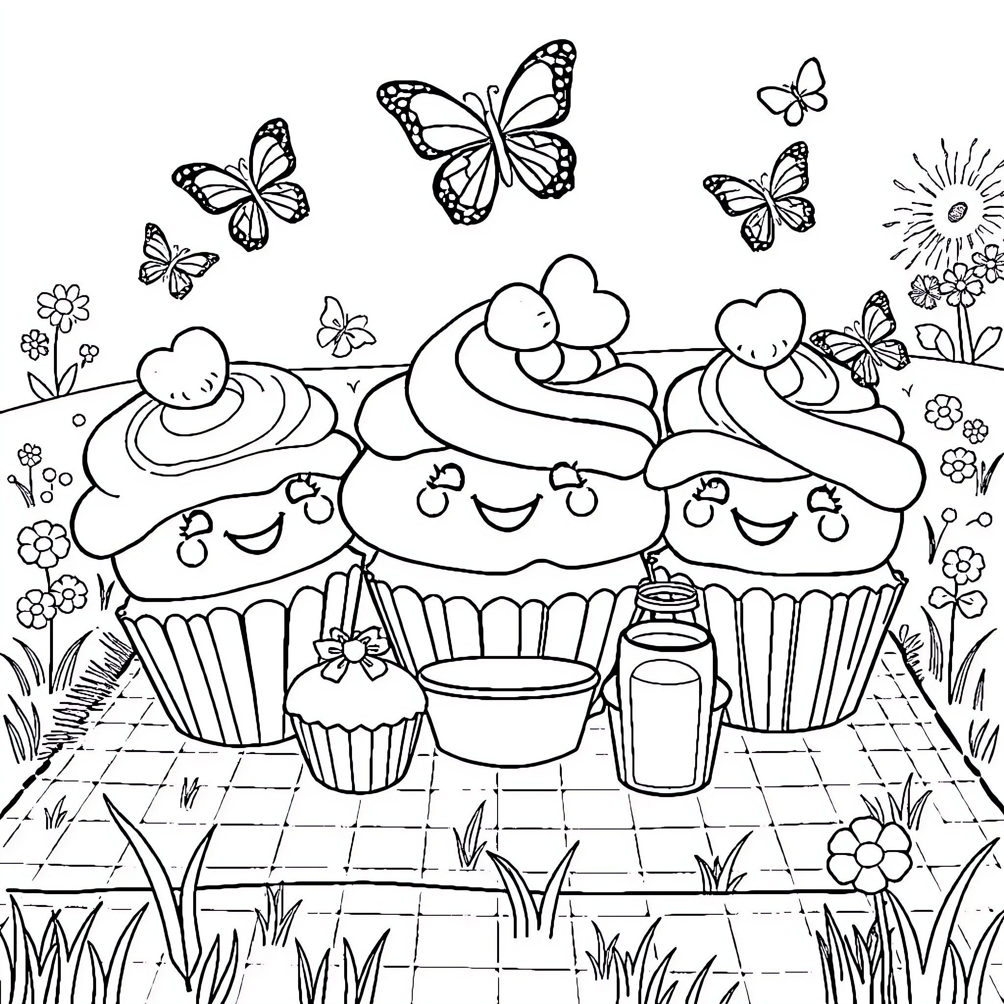 Cupcakes with happy expressions in a floral garden Coloring Page (free black-and-white line drawing printable PDF for all, from beginners to advanced learners, including children, teens, adults, and seniors)