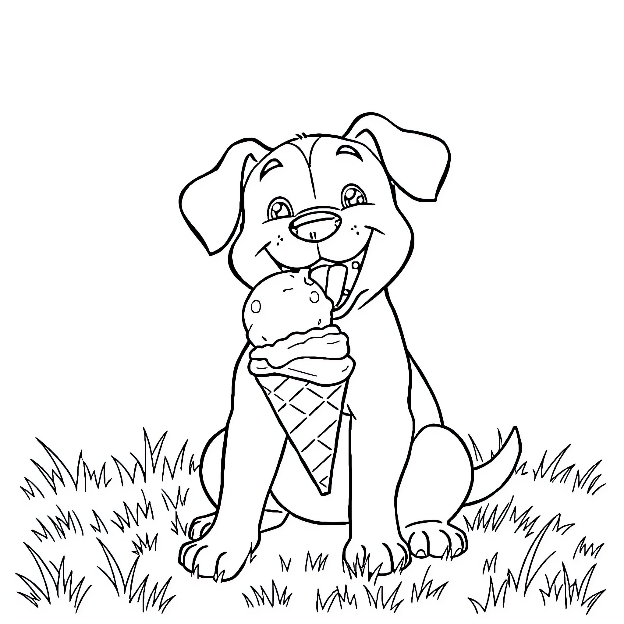 Dog enjoying an ice cream cone in the grass Coloring Page (free black-and-white line drawing printable PDF for all, from beginners to advanced learners, including children, teens, adults, and seniors)
