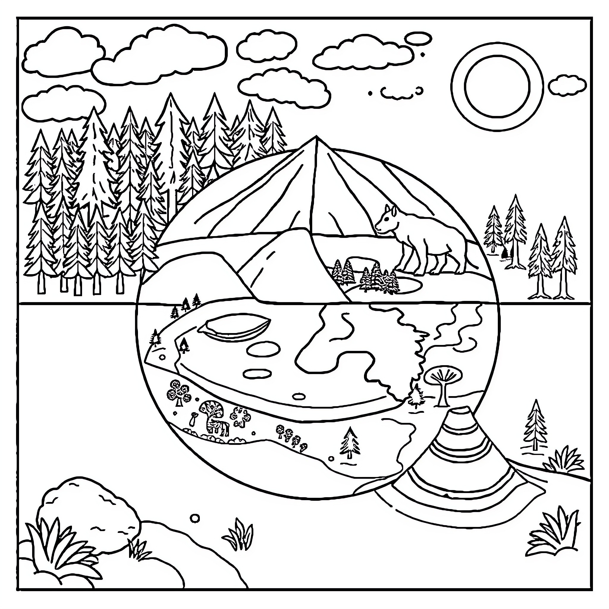 Ecosystem of natural landscapes and wildlife Coloring Page (free black-and-white line drawing printable PDF for all, from beginners to advanced learners, including children, teens, adults, and seniors)