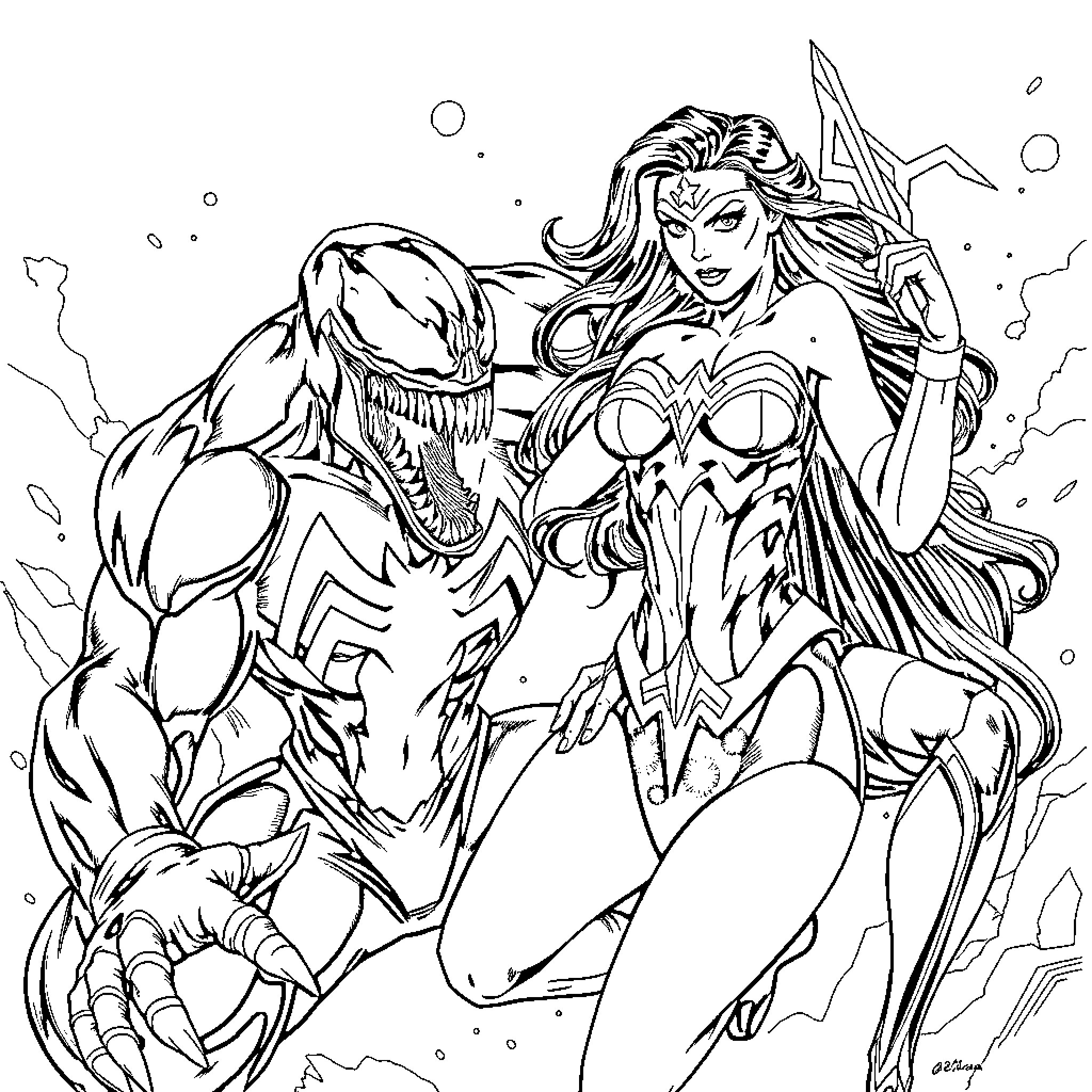 Venom and Wonder Woman: A Heroic Clash Coloring Page (free black-and-white line drawing printable PDF for all, from beginners to advanced learners, including children, teens, adults, and seniors)