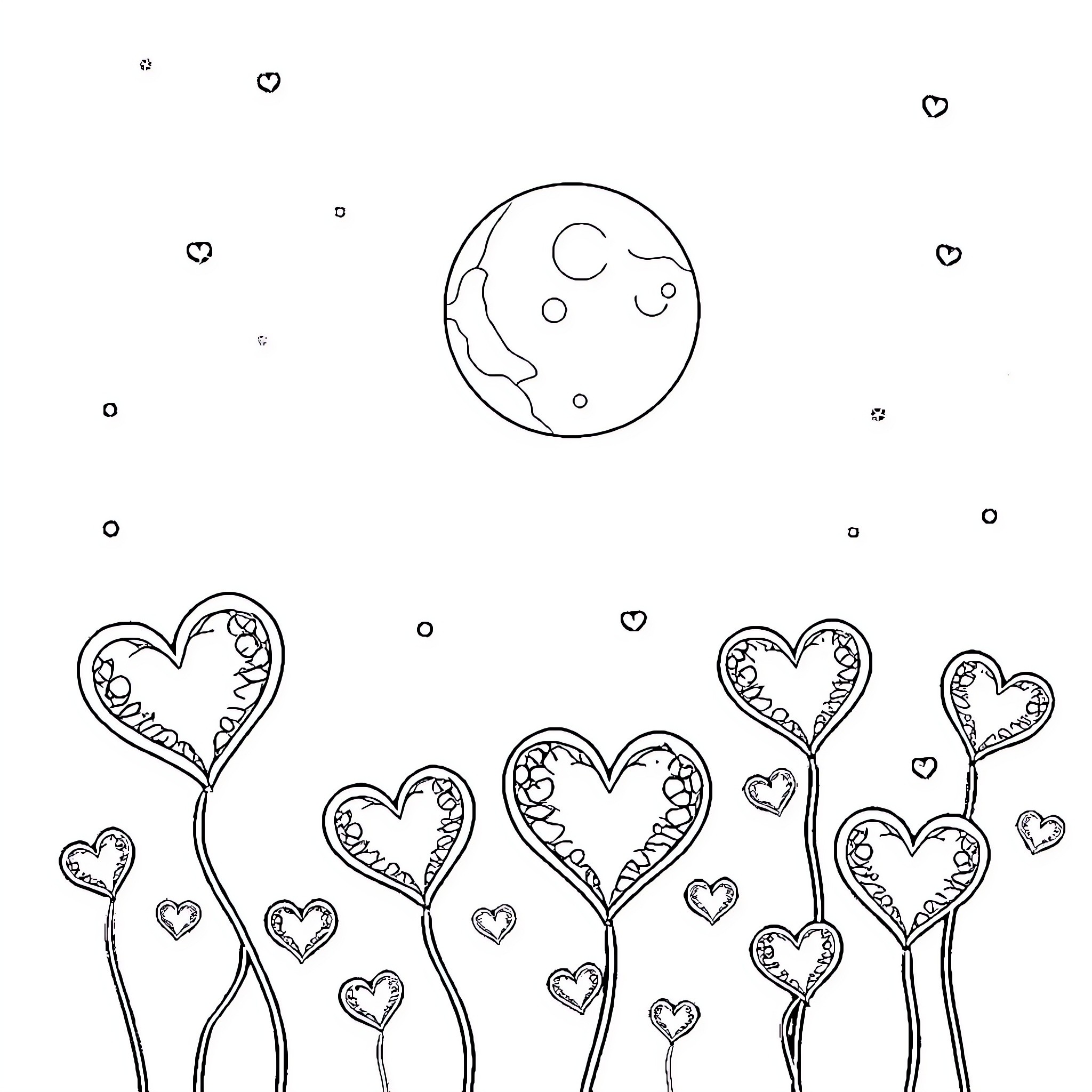 Heart-shaped flowers blooming under the moon Coloring Page (free black-and-white line drawing printable PDF for all, from beginners to advanced learners, including children, teens, adults, and seniors)