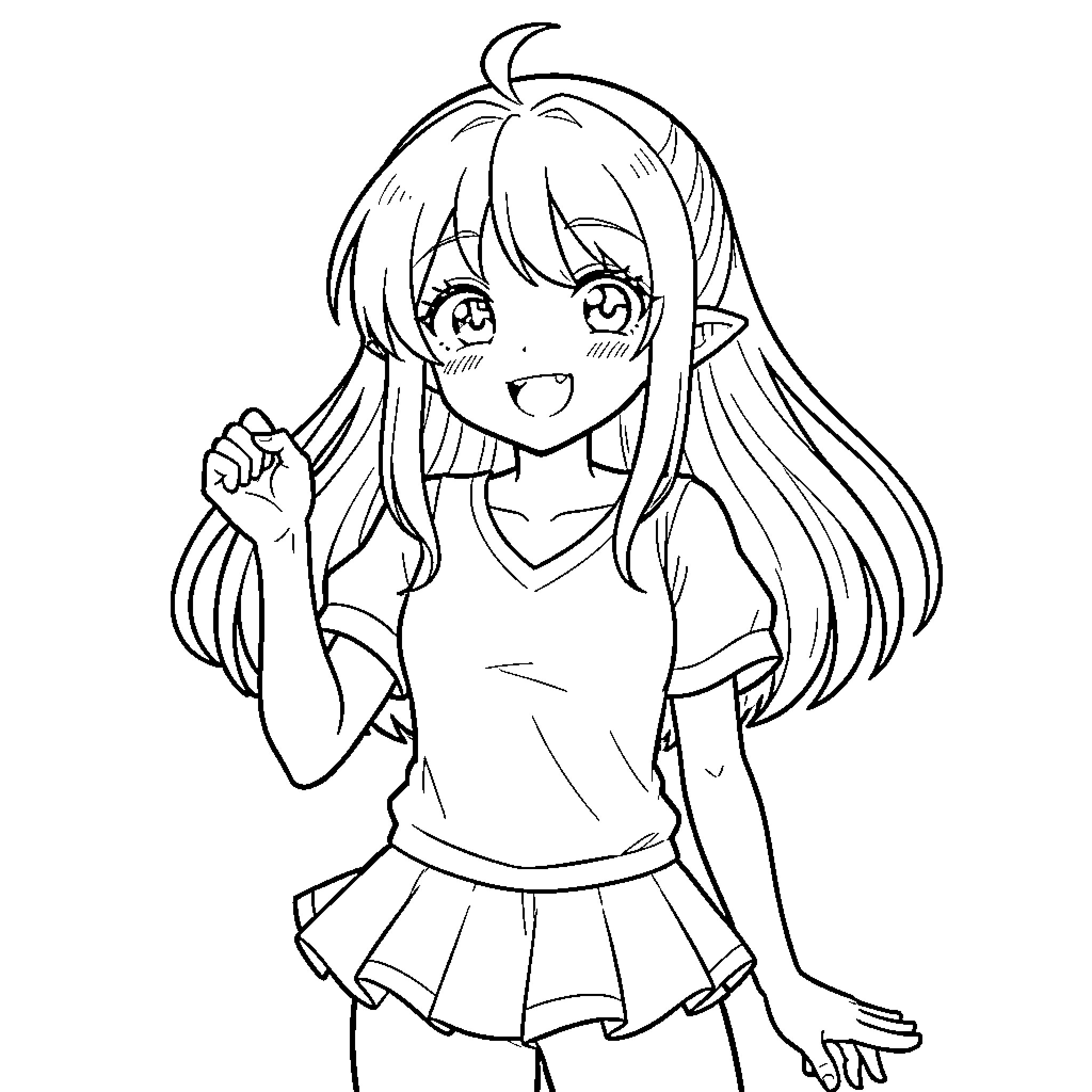 Anime Girl with Cheerful Expression Coloring Page (free black-and-white line drawing printable PDF for all, from beginners to advanced learners, including children, teens, adults, and seniors)