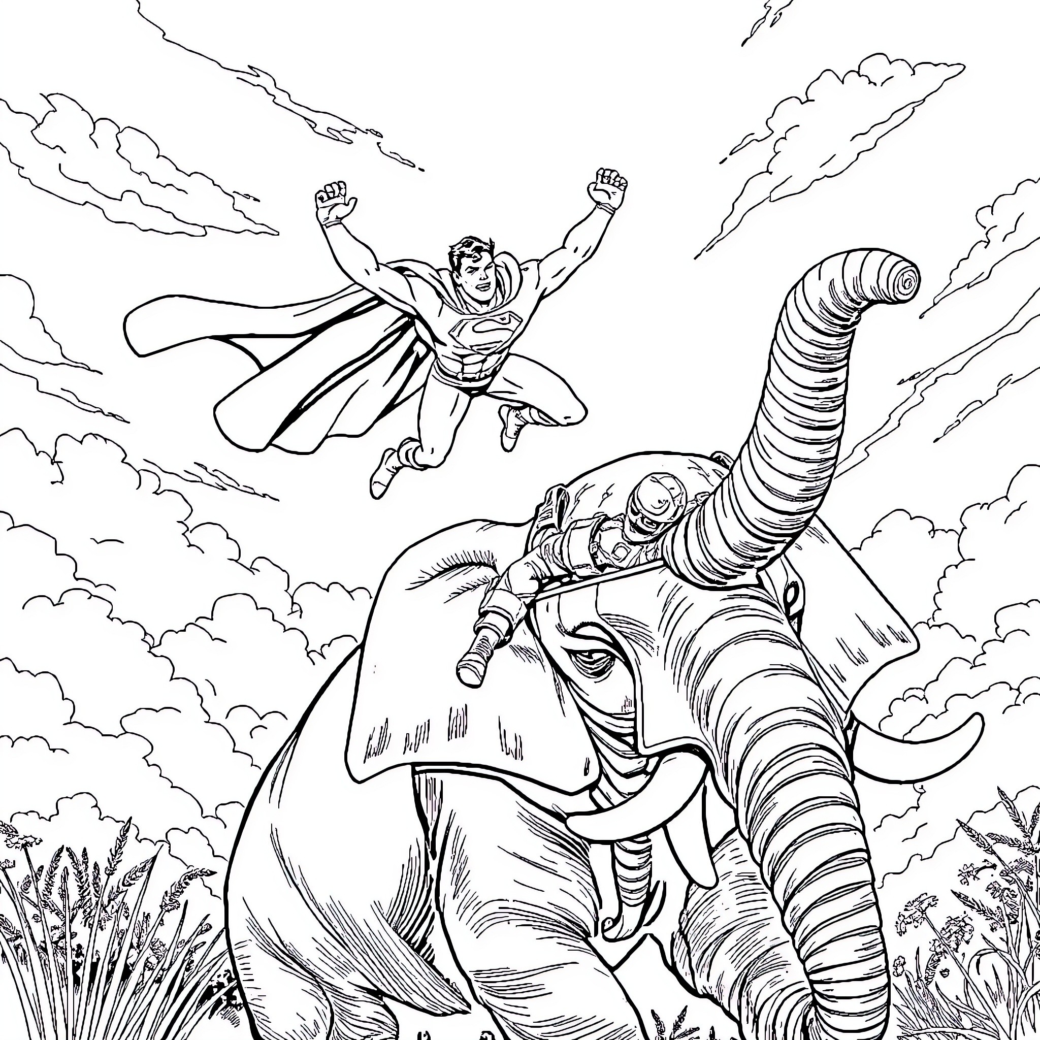 Superman flying heroically over a giant elephant Coloring Page (free black-and-white line drawing printable PDF for all, from beginners to advanced learners, including children, teens, adults, and seniors)
