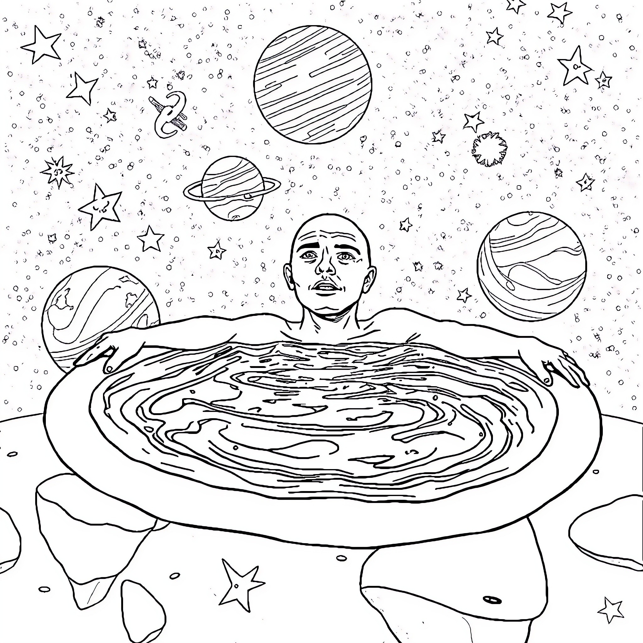Bald Man Floating in Cosmic Pool Coloring Page (free black-and-white line drawing printable PDF for all, from beginners to advanced learners, including children, teens, adults, and seniors)