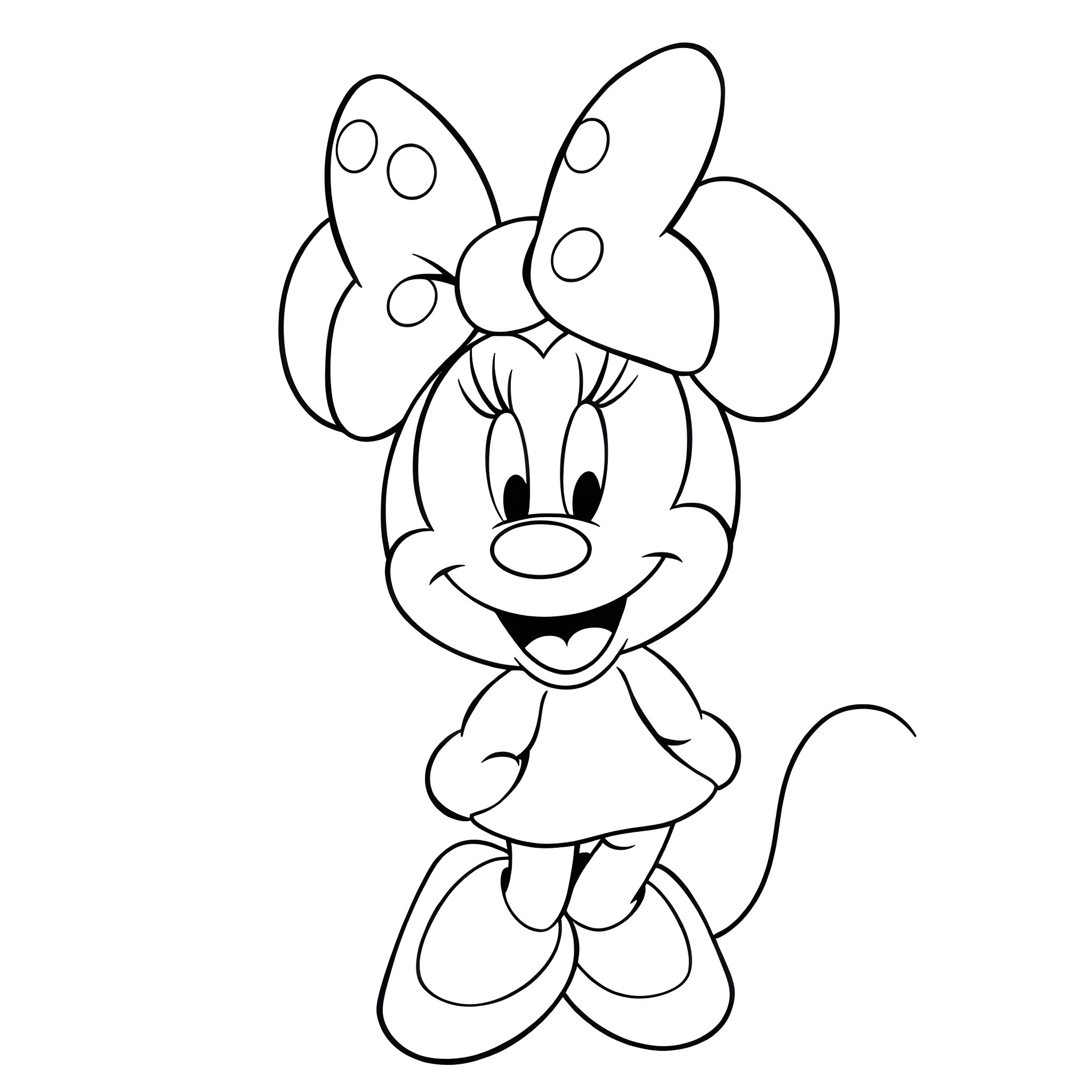 Minnie Mouse striking a cheerful pose Coloring Page (free black-and-white line drawing printable PDF for all, from beginners to advanced learners, including children, teens, adults, and seniors)