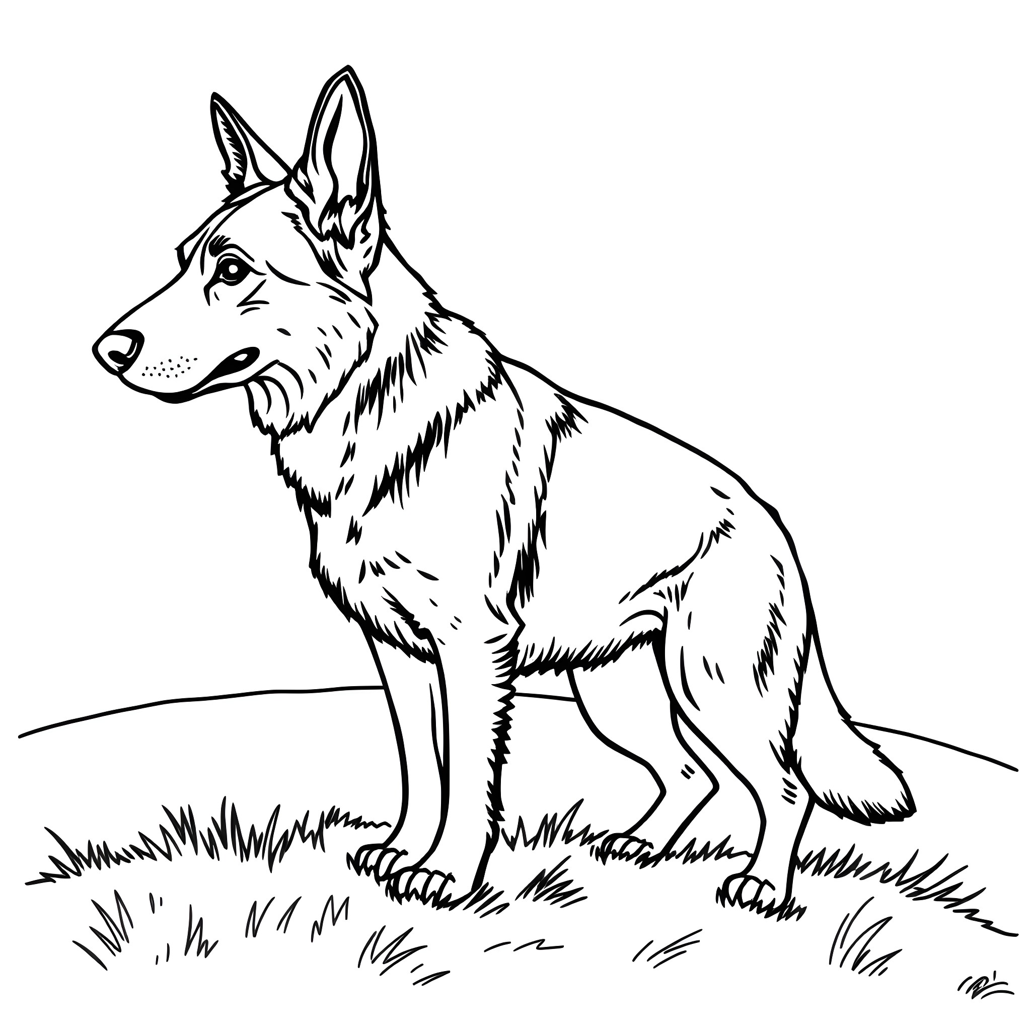 German Shepherd on alert in a grassy field Coloring Page (free black-and-white line drawing printable PDF for all, from beginners to advanced learners, including children, teens, adults, and seniors)