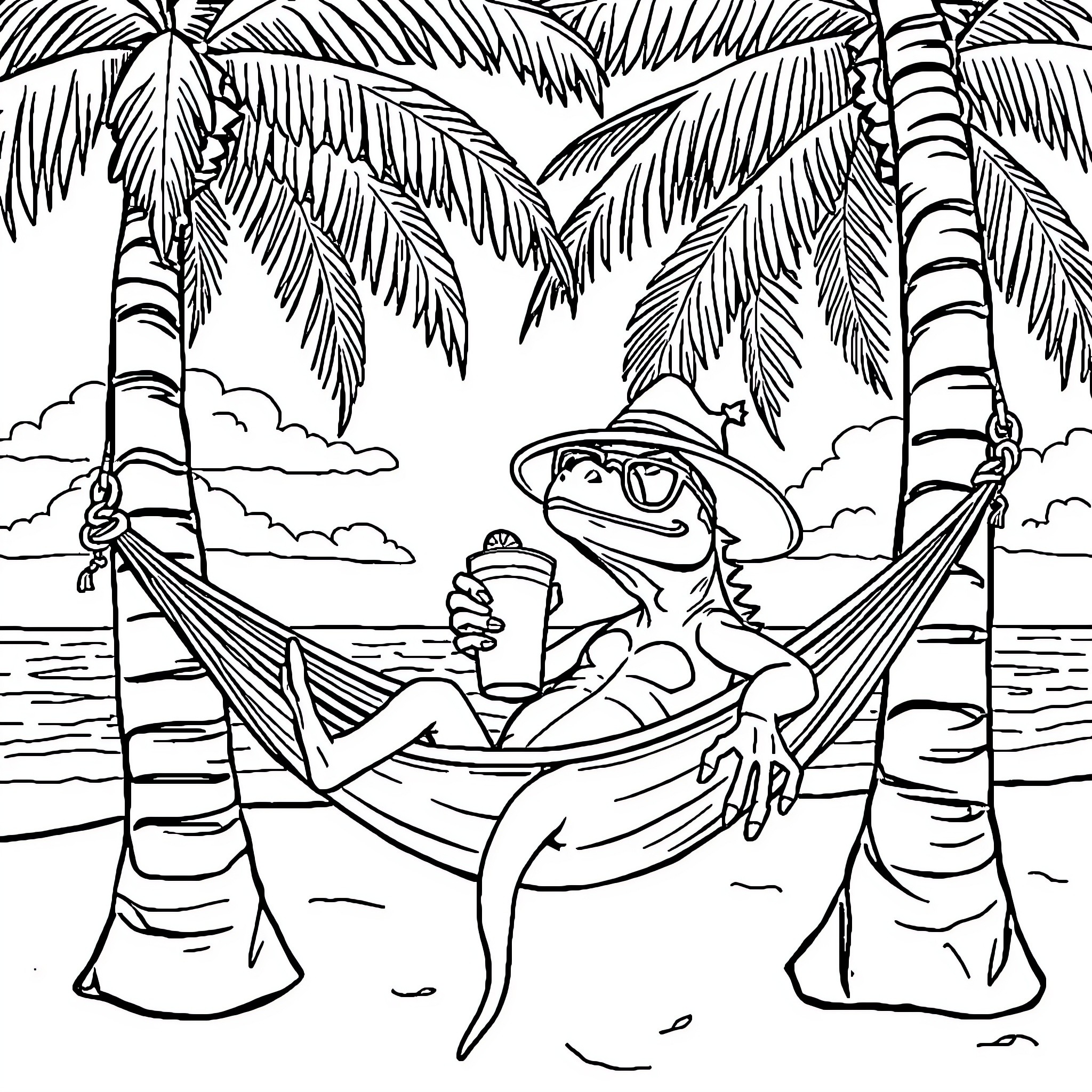 Lizard relaxing in a hammock by the beach Coloring Page (free black-and-white line drawing printable PDF for all, from beginners to advanced learners, including children, teens, adults, and seniors)