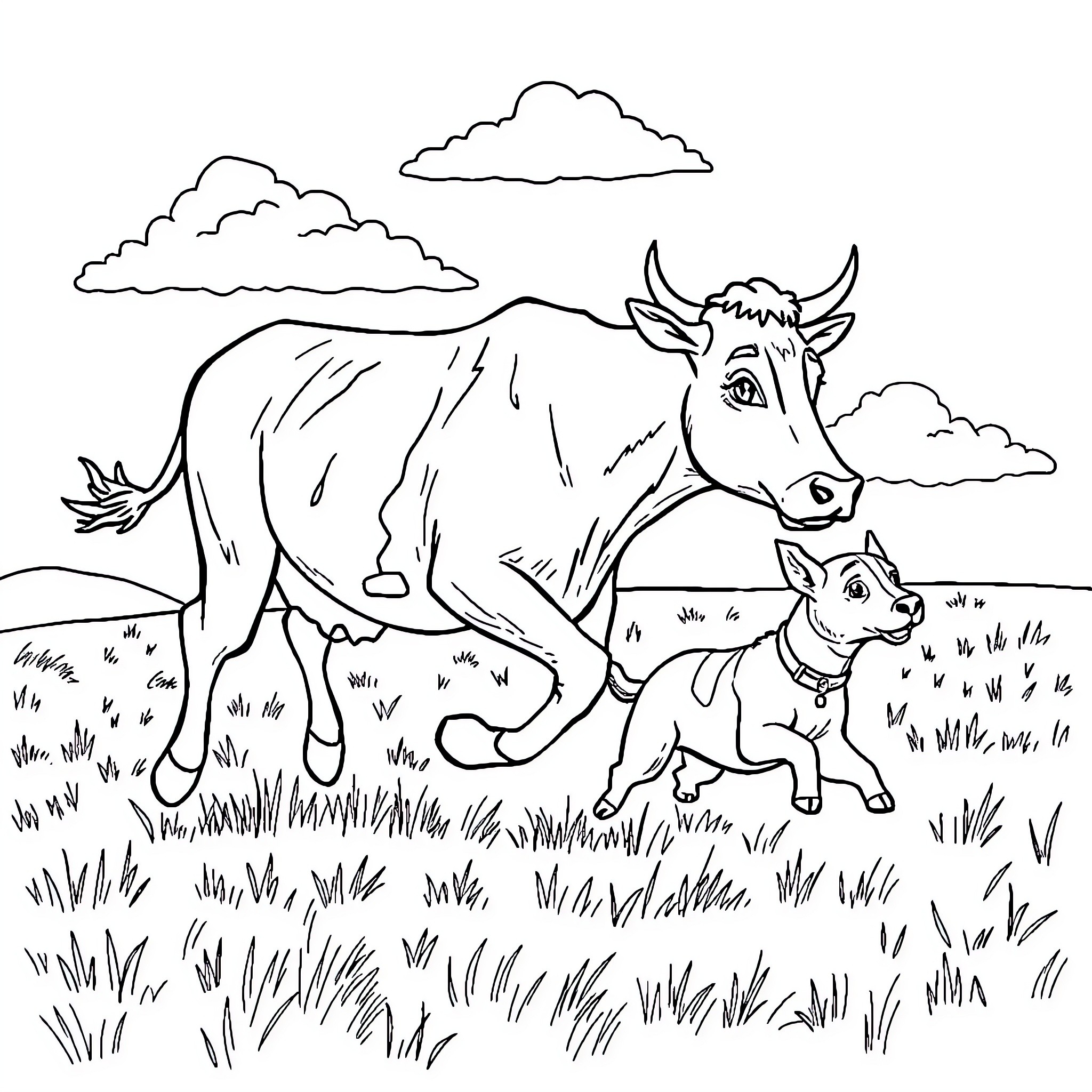 Cow and Calf Grazing in the Meadow Coloring Page (free black-and-white line drawing printable PDF for all, from beginners to advanced learners, including children, teens, adults, and seniors)